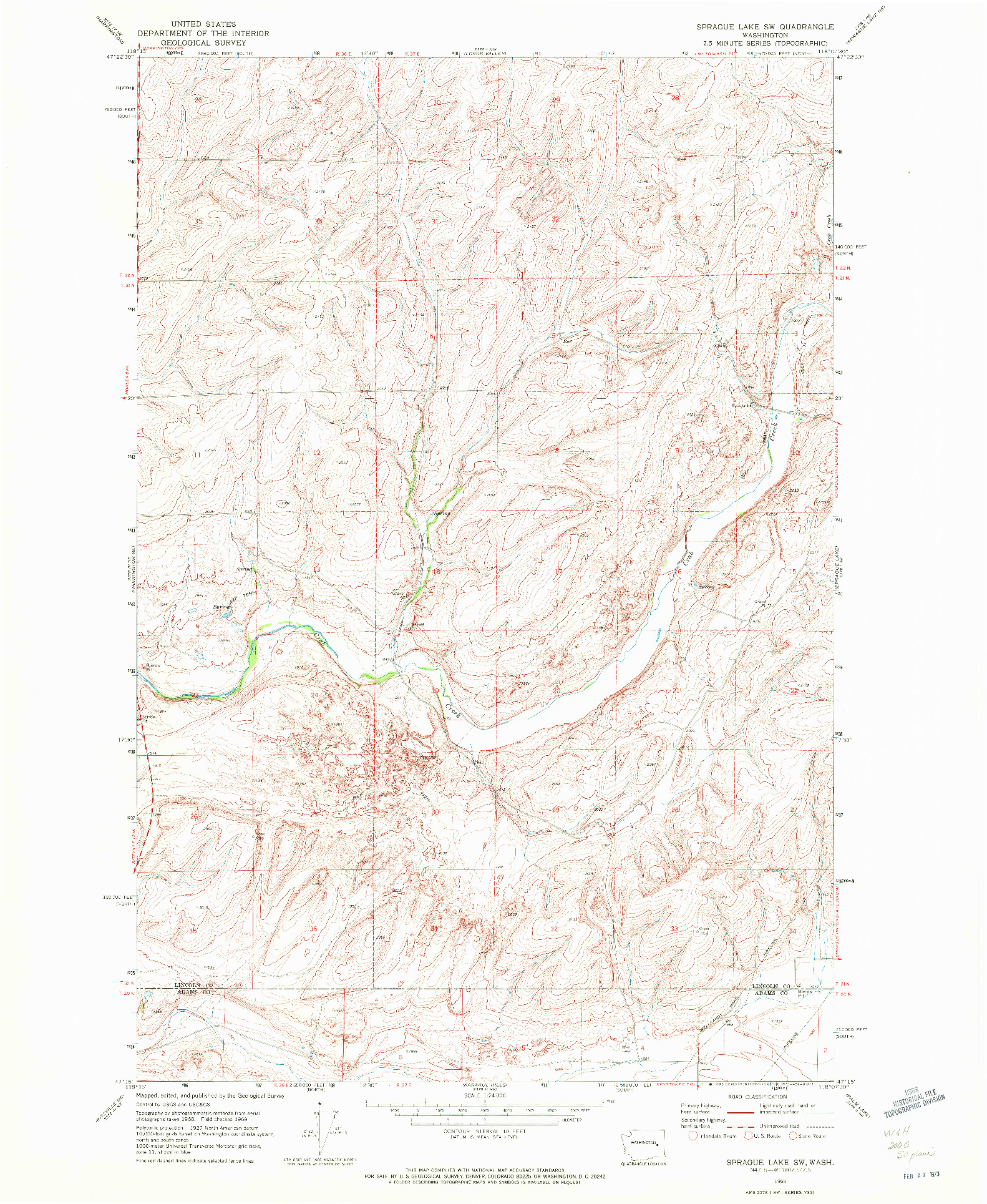 USGS 1:24000-SCALE QUADRANGLE FOR SPRAGUE LAKE SW, WA 1969