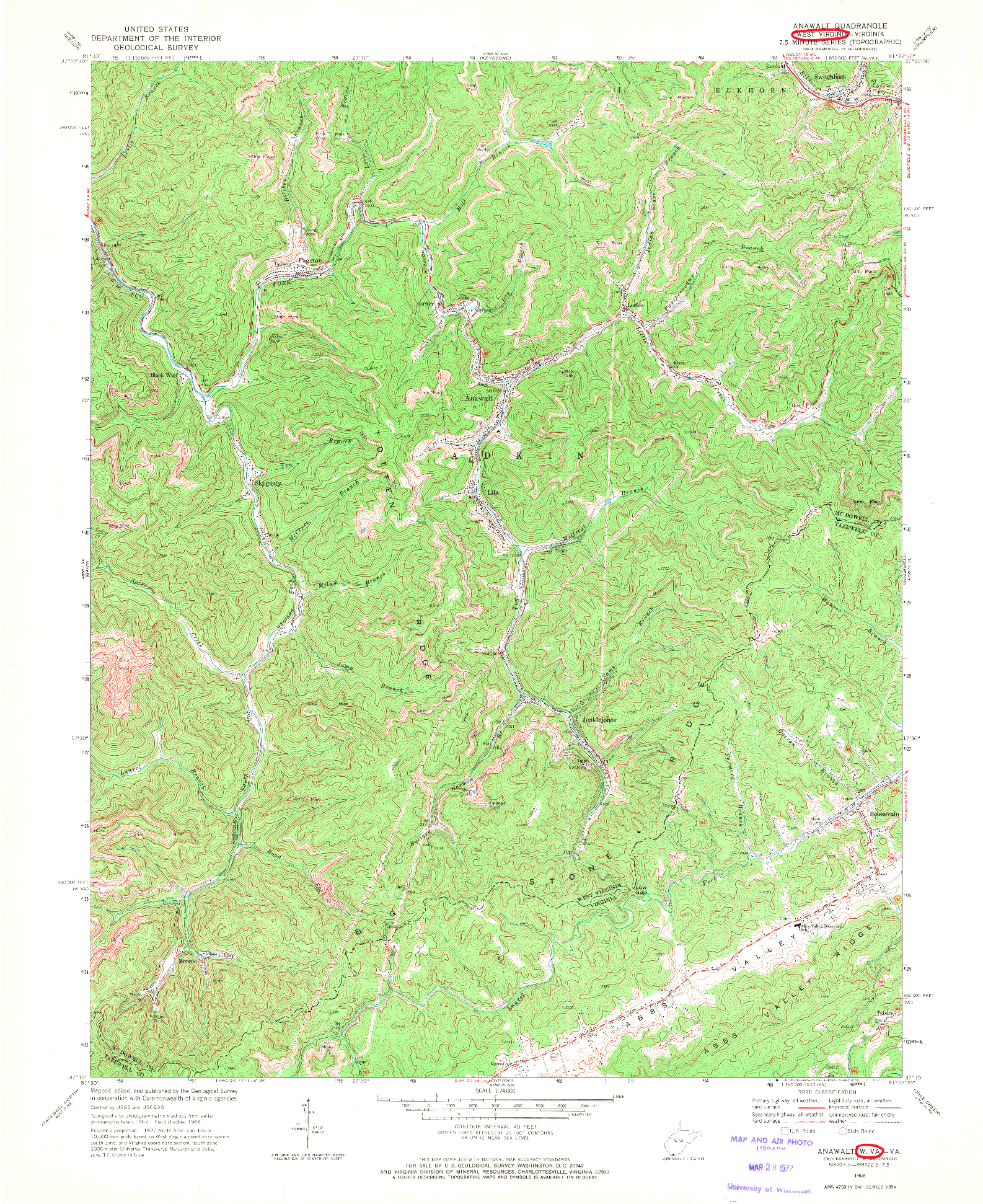 USGS 1:24000-SCALE QUADRANGLE FOR ANAWALT, WV 1968
