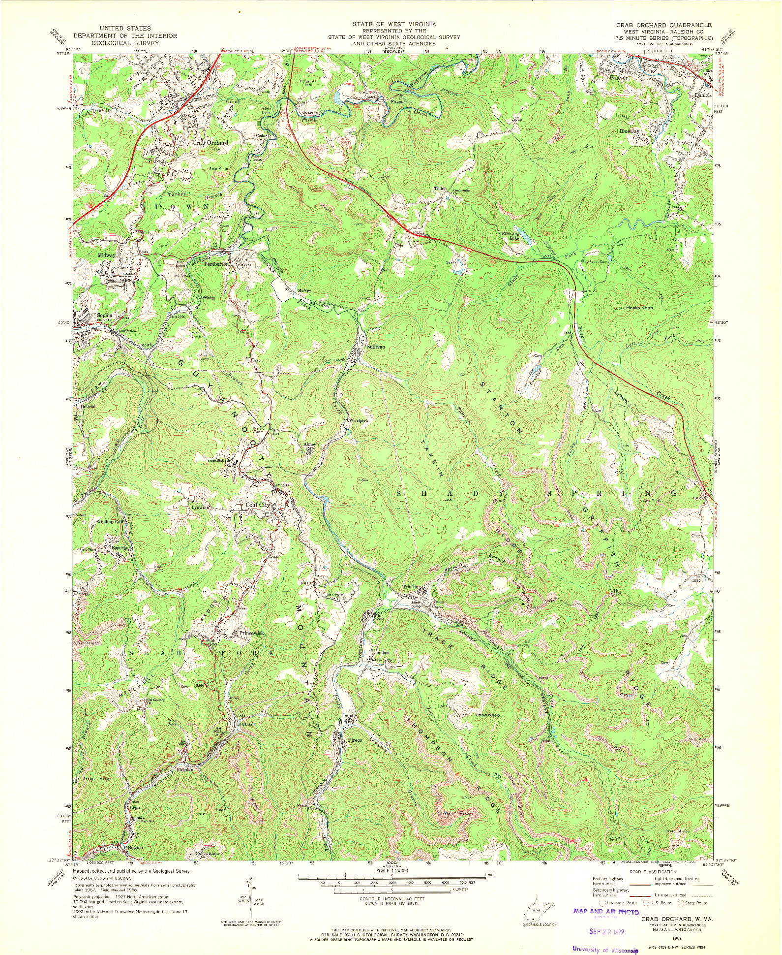 USGS 1:24000-SCALE QUADRANGLE FOR CRAB ORCHARD, WV 1968