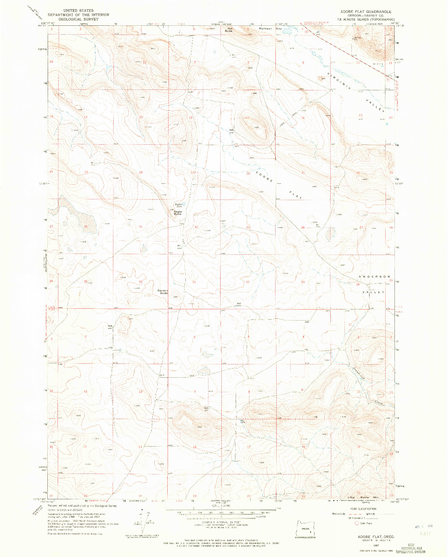 USGS 1:24000-SCALE QUADRANGLE FOR ADOBE FLAT, OR 1967