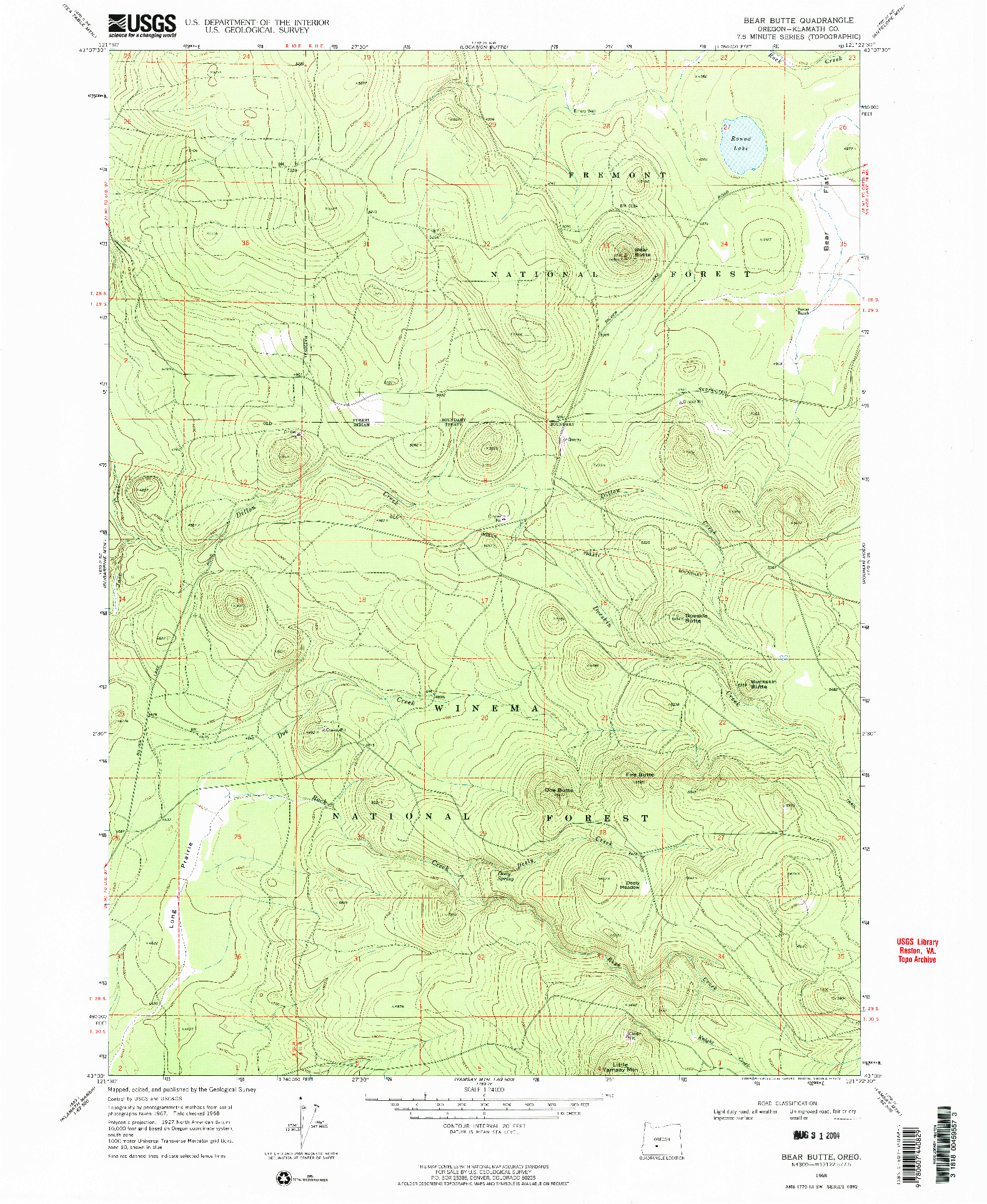 USGS 1:24000-SCALE QUADRANGLE FOR BEAR BUTTE, OR 1968