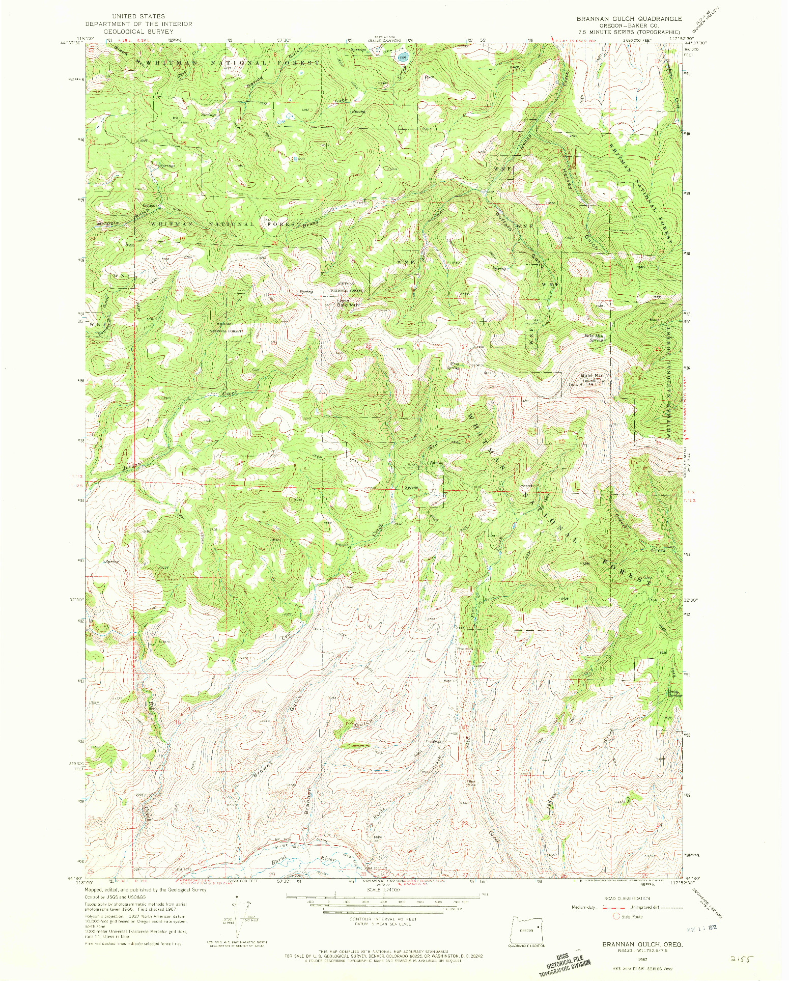 USGS 1:24000-SCALE QUADRANGLE FOR BRANNAN GULCH, OR 1967