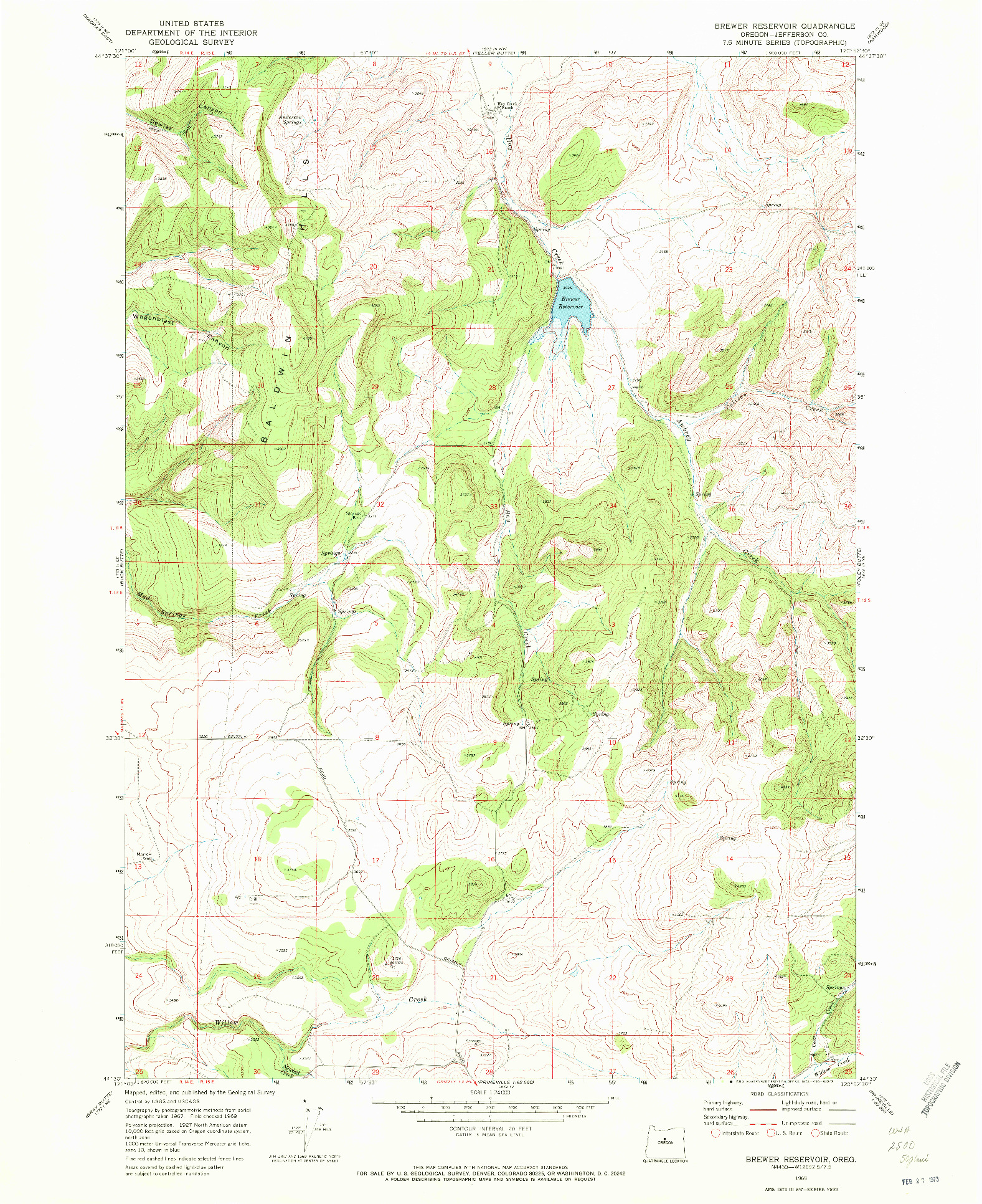 USGS 1:24000-SCALE QUADRANGLE FOR BREWER RESERVOIR, OR 1969