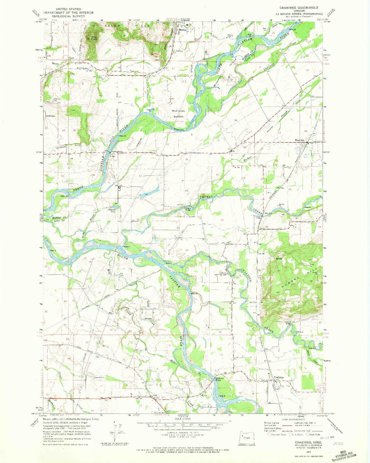 USGS 1:24000-SCALE QUADRANGLE FOR CRABTREE, OR 1970
