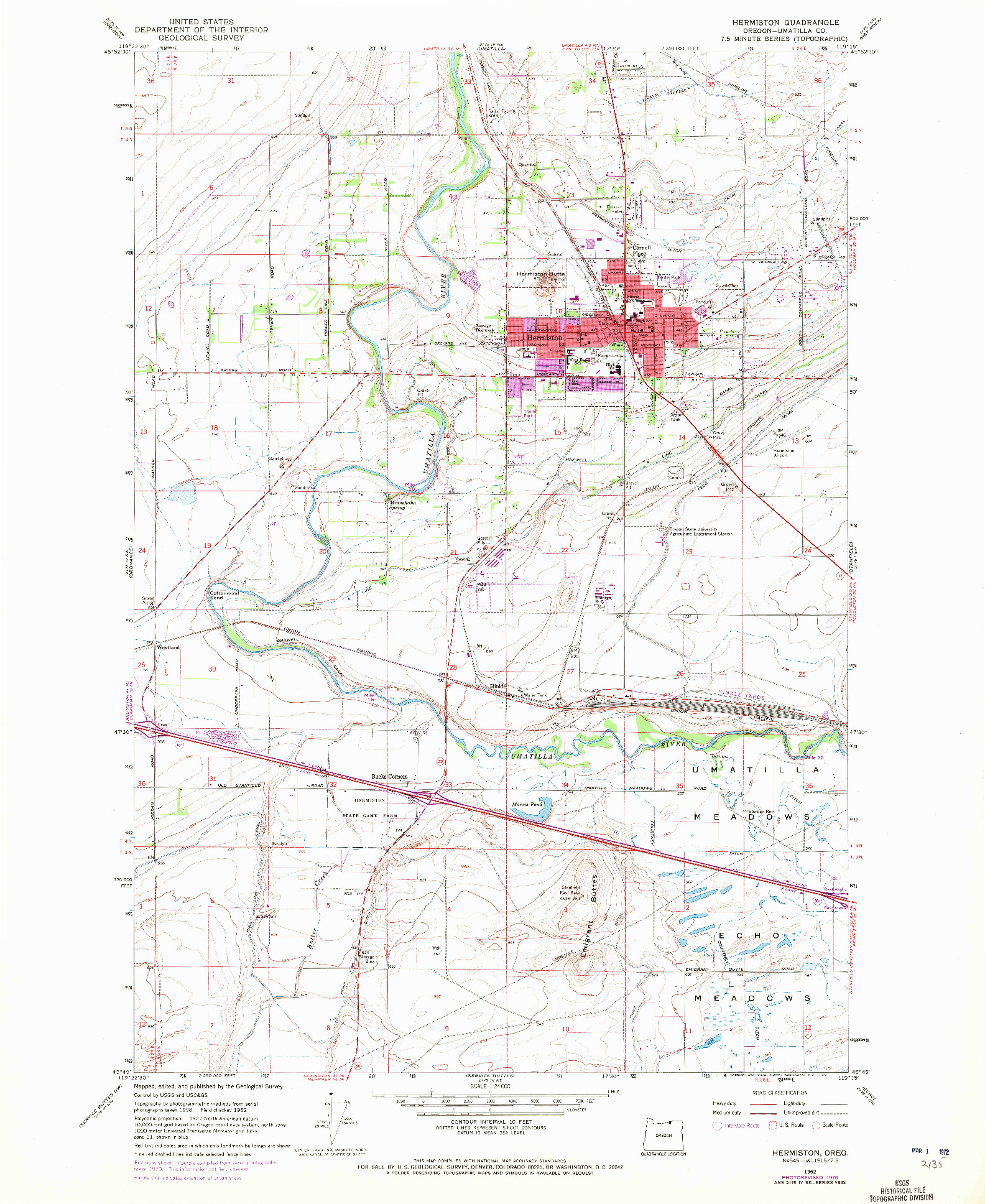 USGS 1:24000-SCALE QUADRANGLE FOR HERMISTON, OR 1962