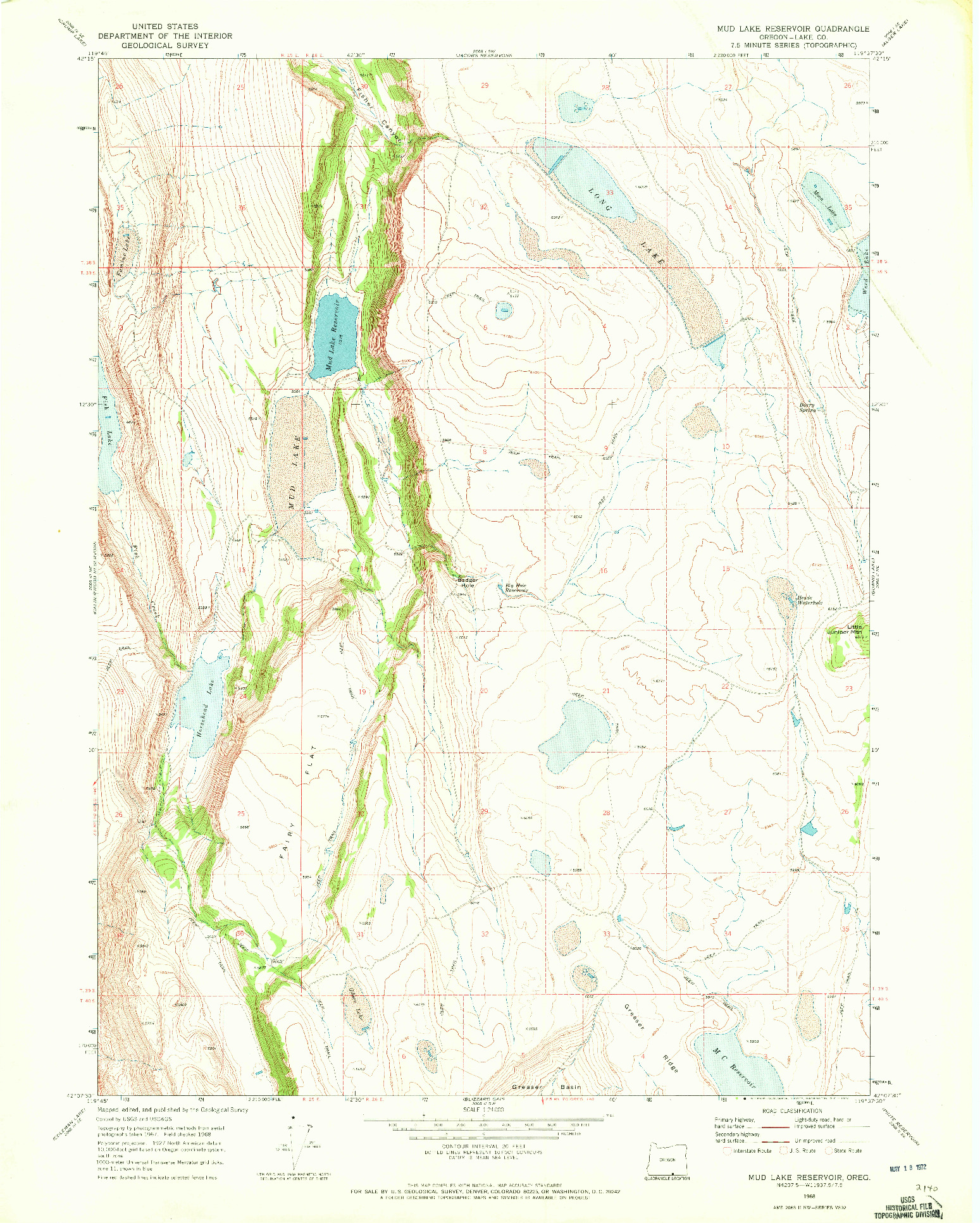 USGS 1:24000-SCALE QUADRANGLE FOR MUD LAKE RESERVOIR, OR 1968