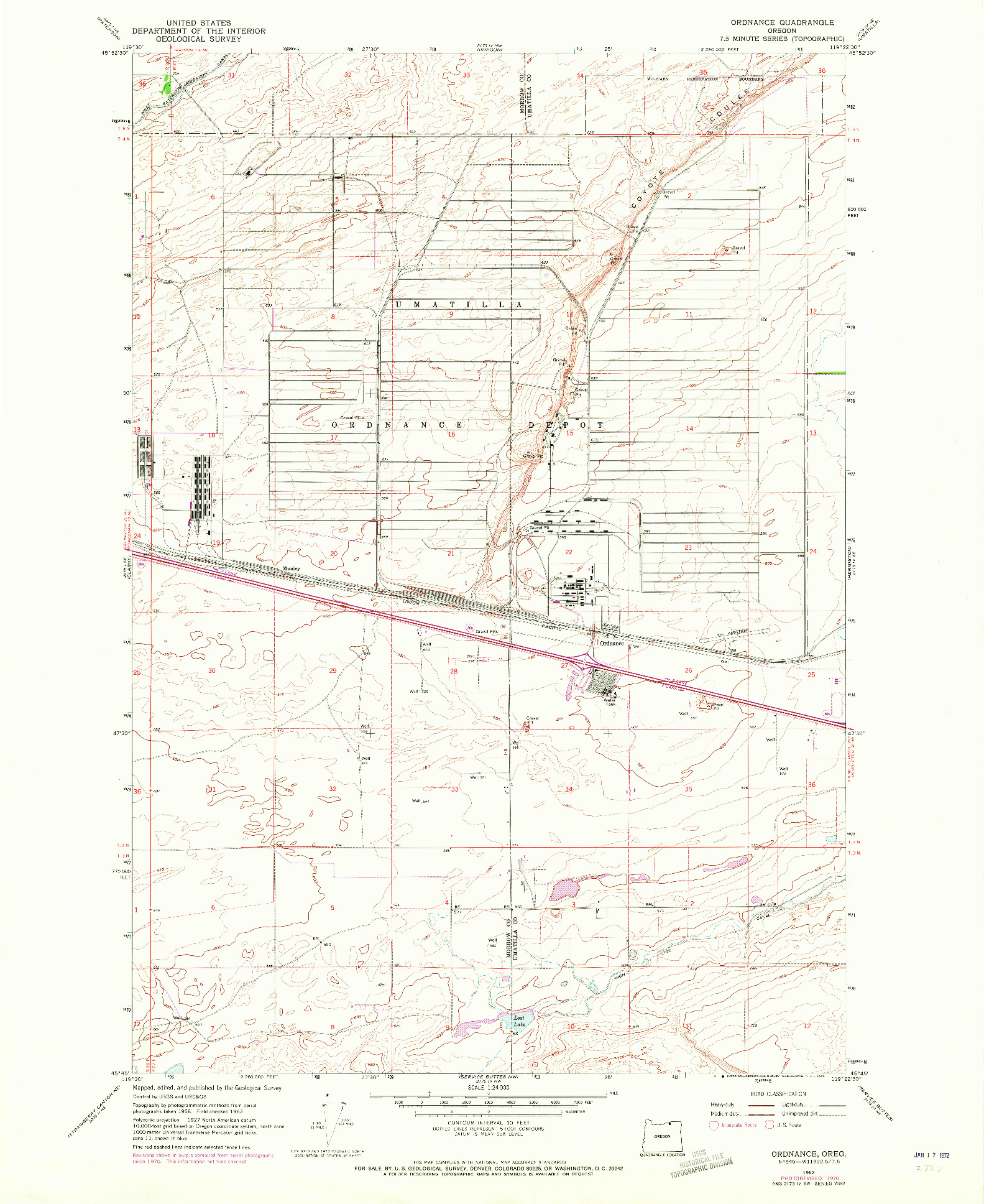 USGS 1:24000-SCALE QUADRANGLE FOR ORDNANCE, OR 1962