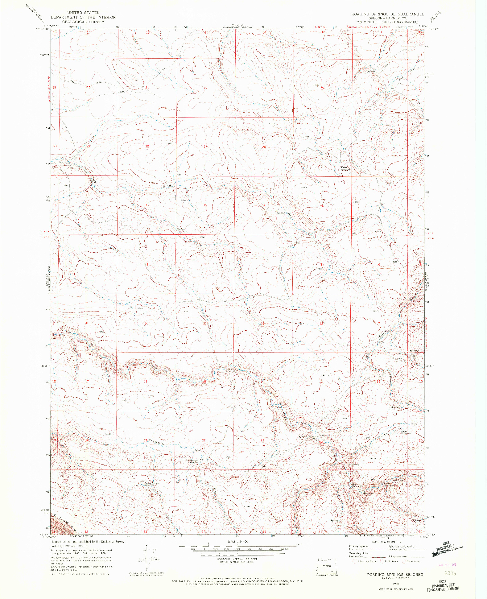 USGS 1:24000-SCALE QUADRANGLE FOR ROARING SPRINGS SE, OR 1968
