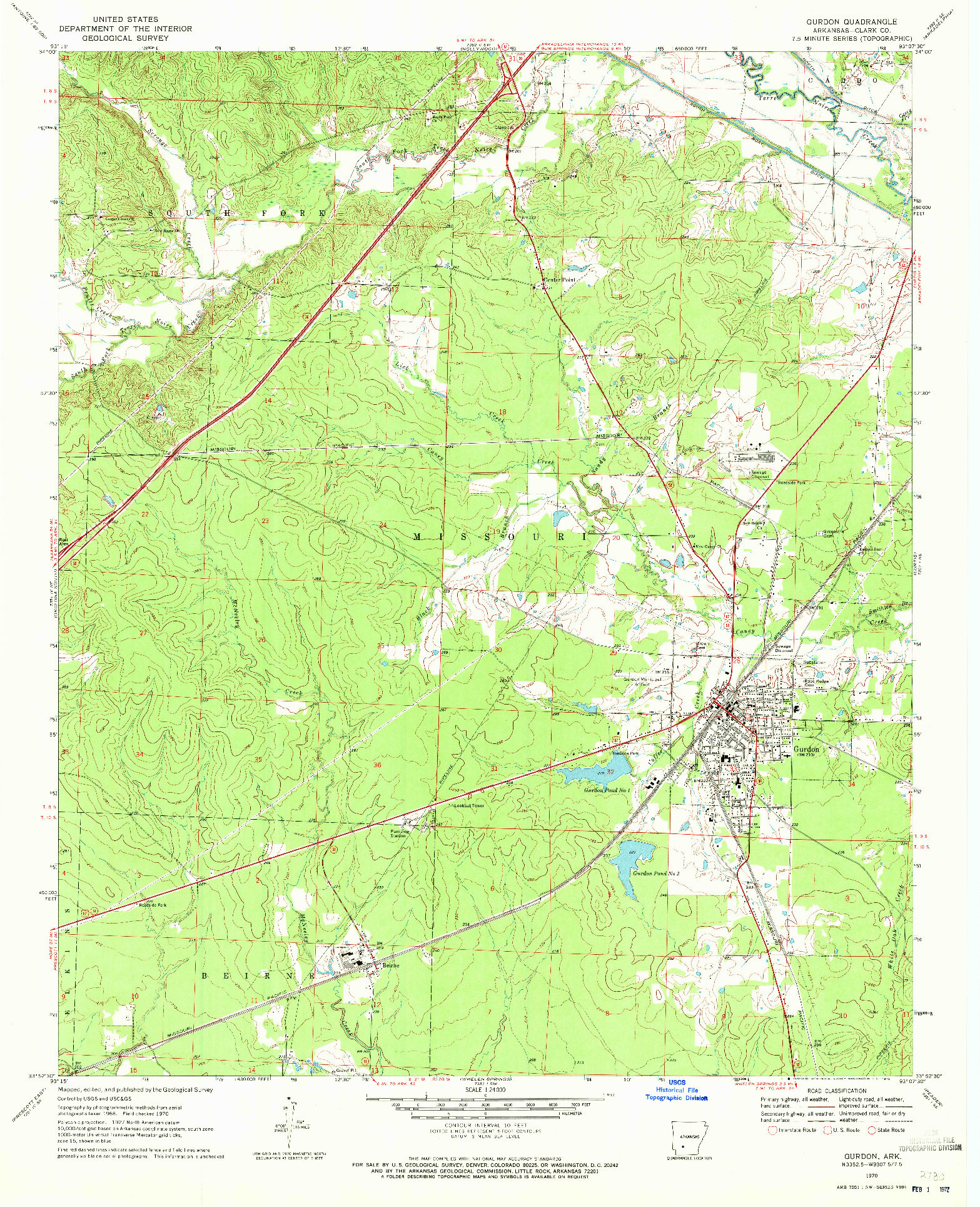 USGS 1:24000-SCALE QUADRANGLE FOR GURDON, AR 1970