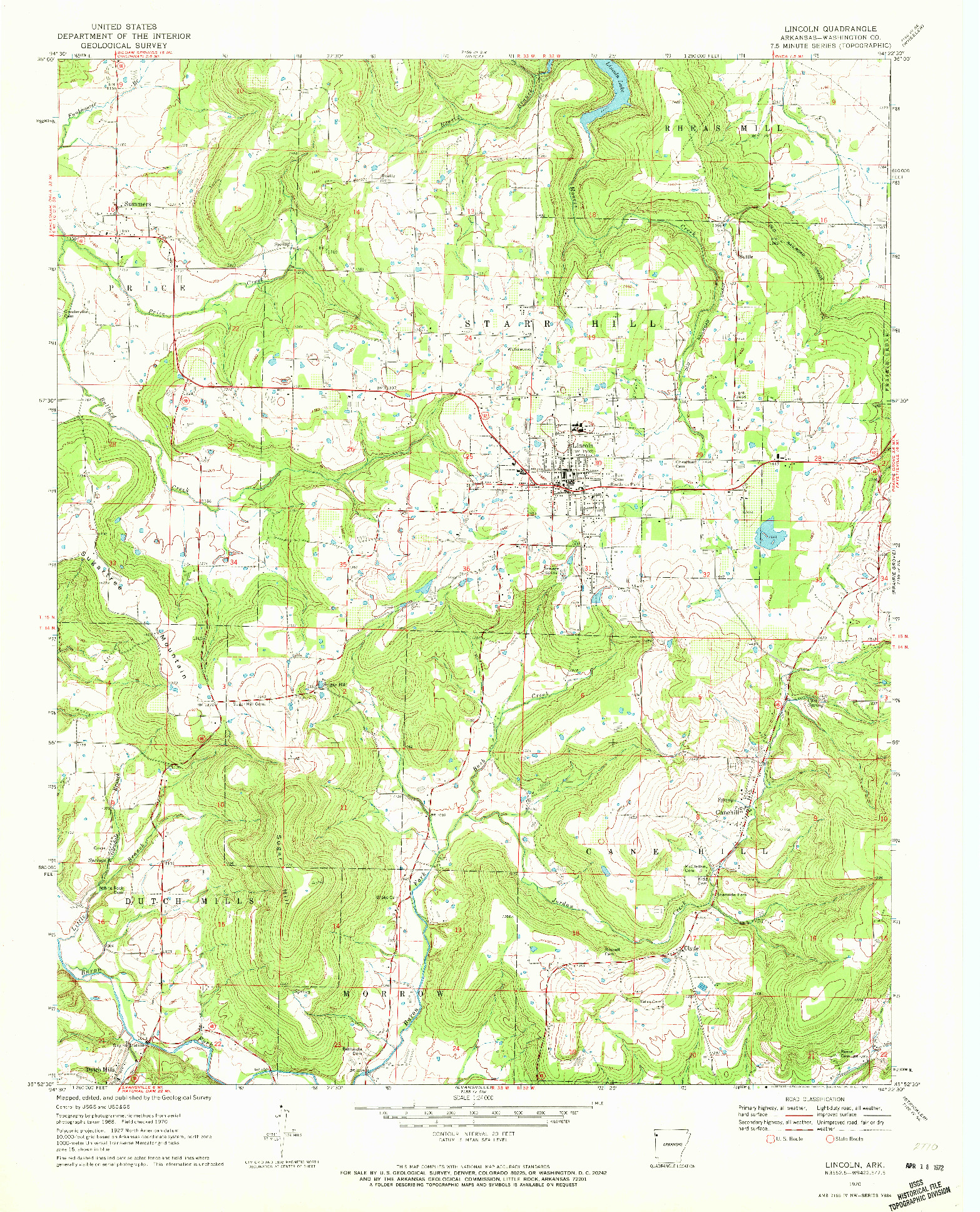 USGS 1:24000-SCALE QUADRANGLE FOR LINCOLN, AR 1970