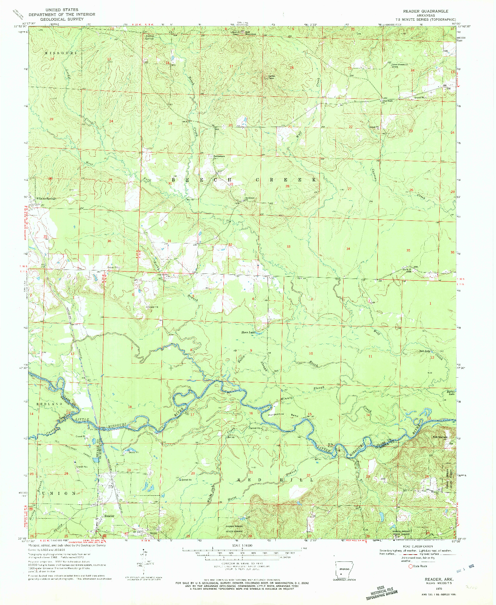 USGS 1:24000-SCALE QUADRANGLE FOR READER, AR 1970