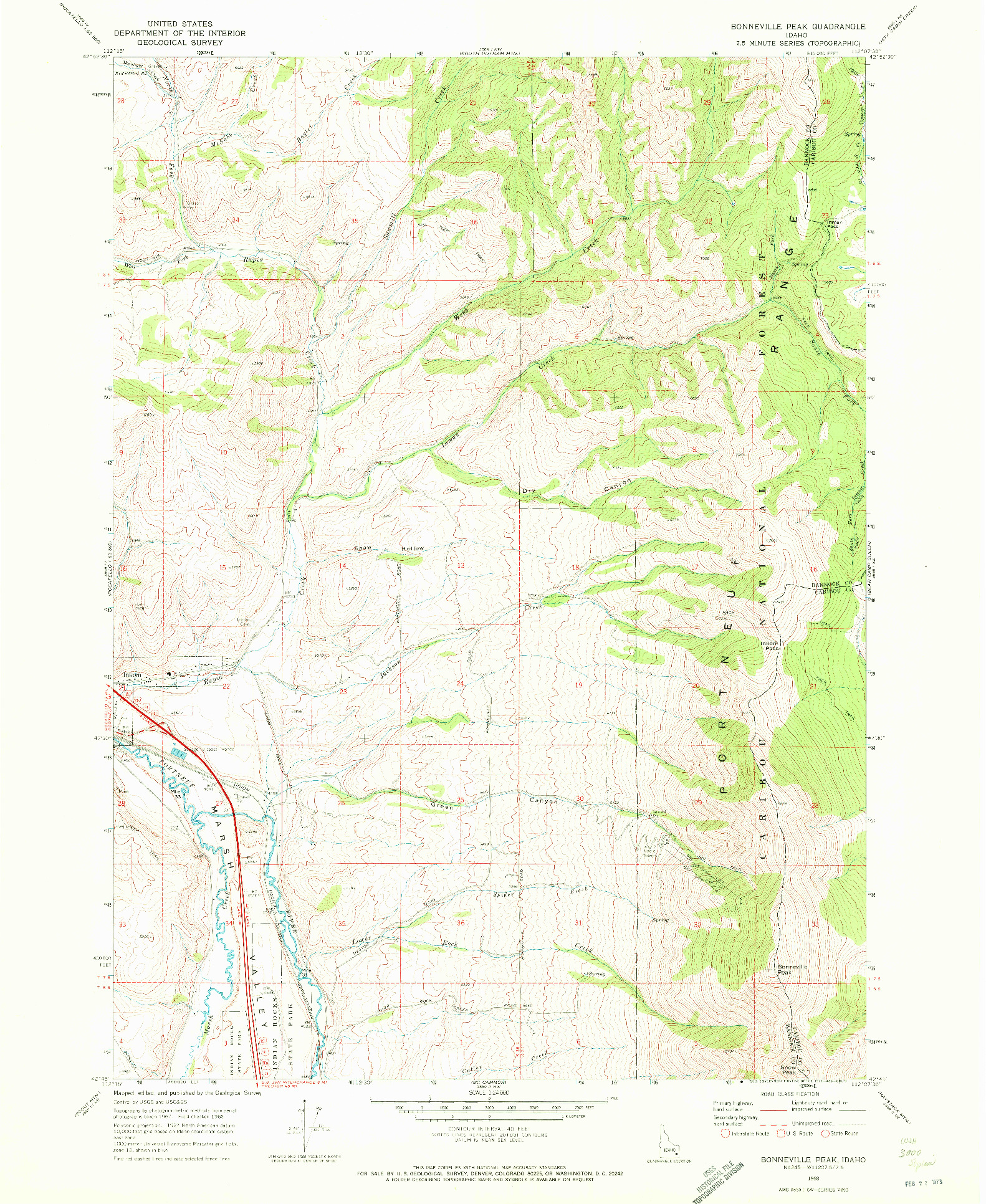 USGS 1:24000-SCALE QUADRANGLE FOR BONNEVILLE PEAK, ID 1968