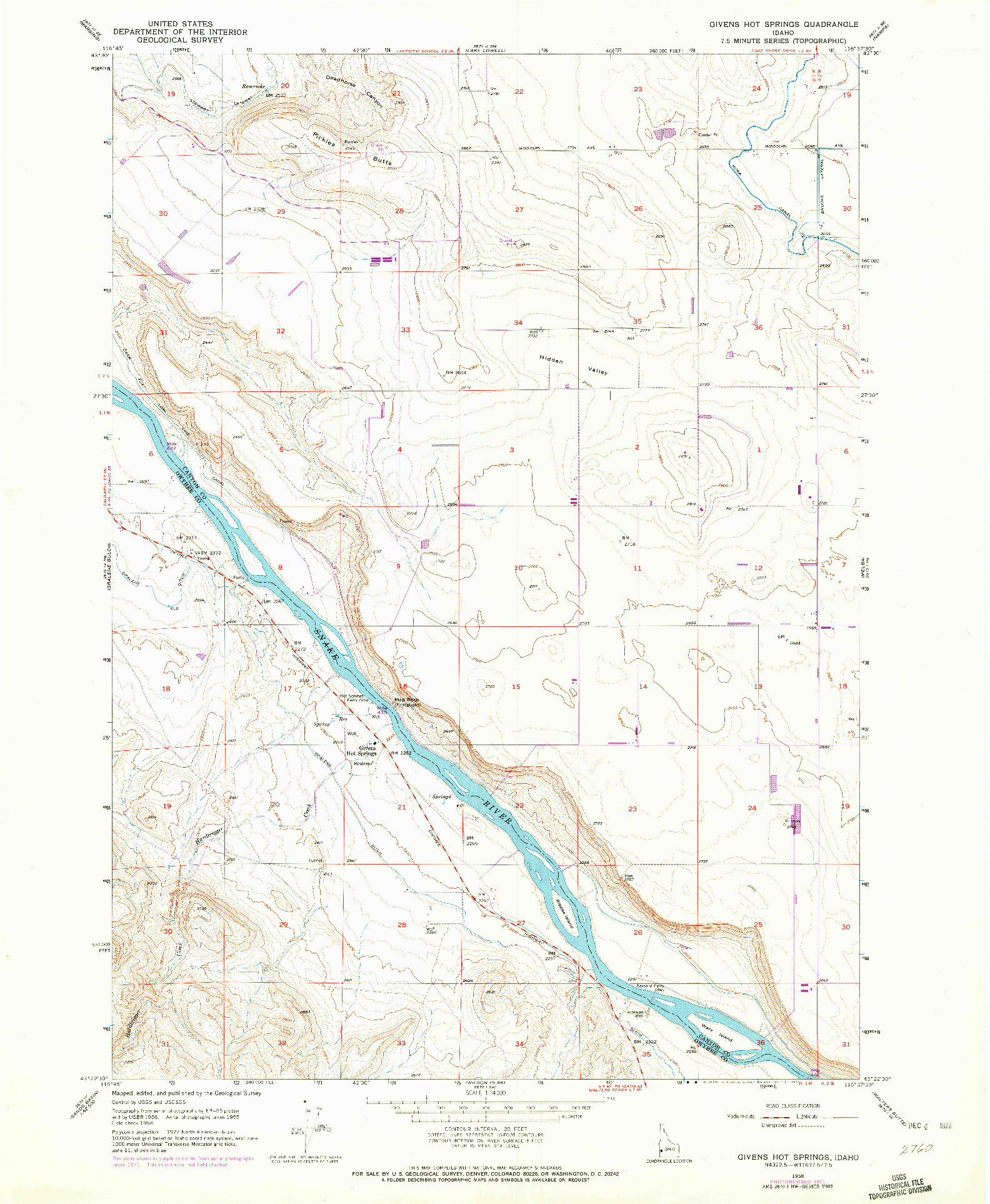 USGS 1:24000-SCALE QUADRANGLE FOR GIVENS HOT SPRINGS, ID 1958