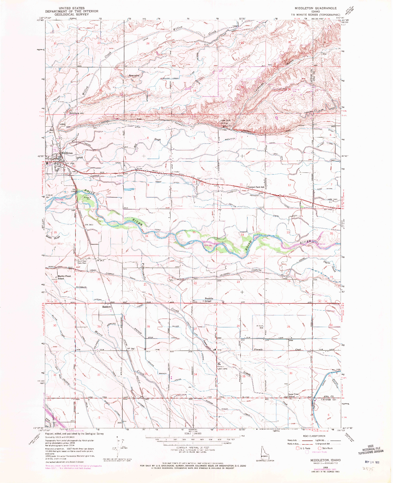 USGS 1:24000-SCALE QUADRANGLE FOR MIDDLETON, ID 1958