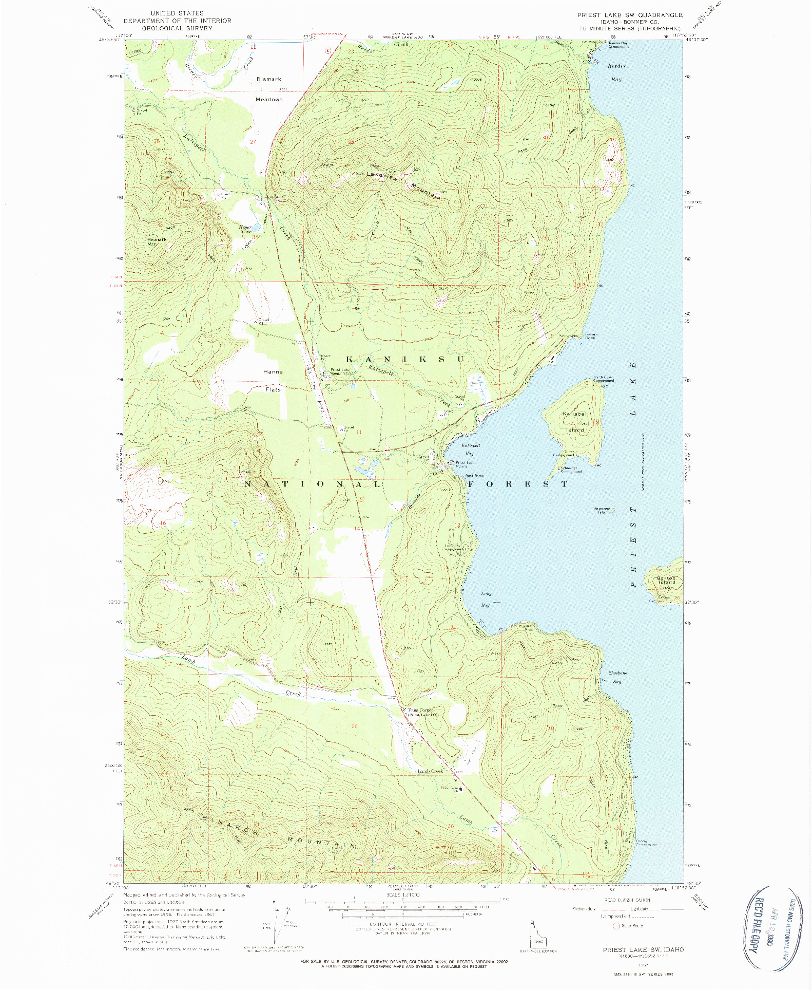 USGS 1:24000-SCALE QUADRANGLE FOR PRIEST LAKE SW, ID 1967