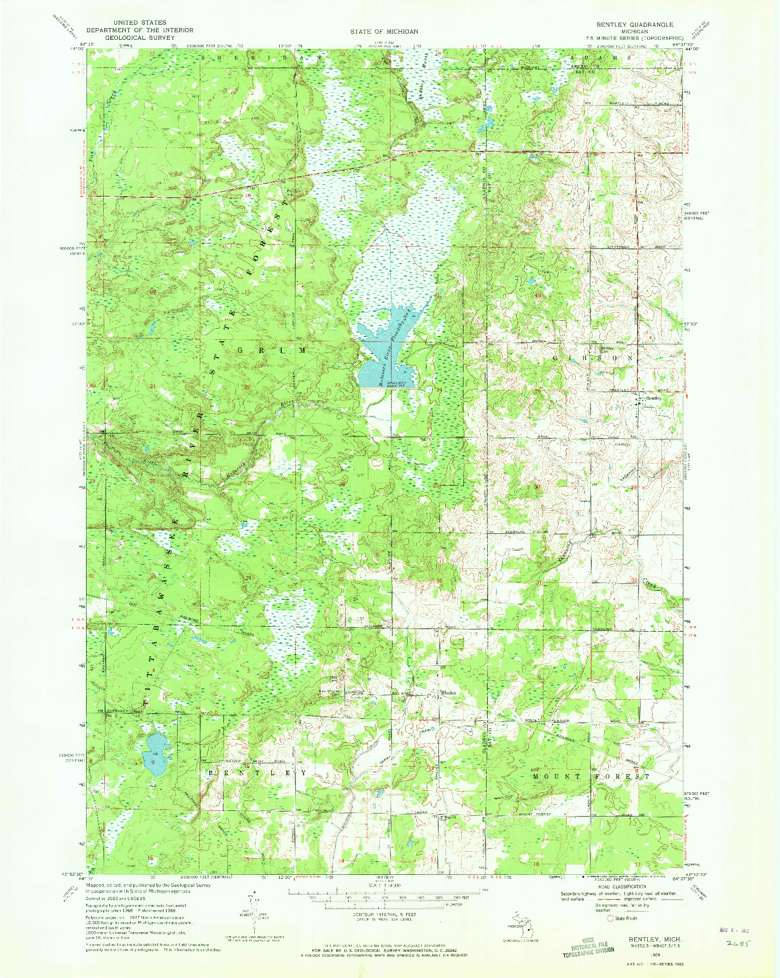 USGS 1:24000-SCALE QUADRANGLE FOR BENTLEY, MI 1969