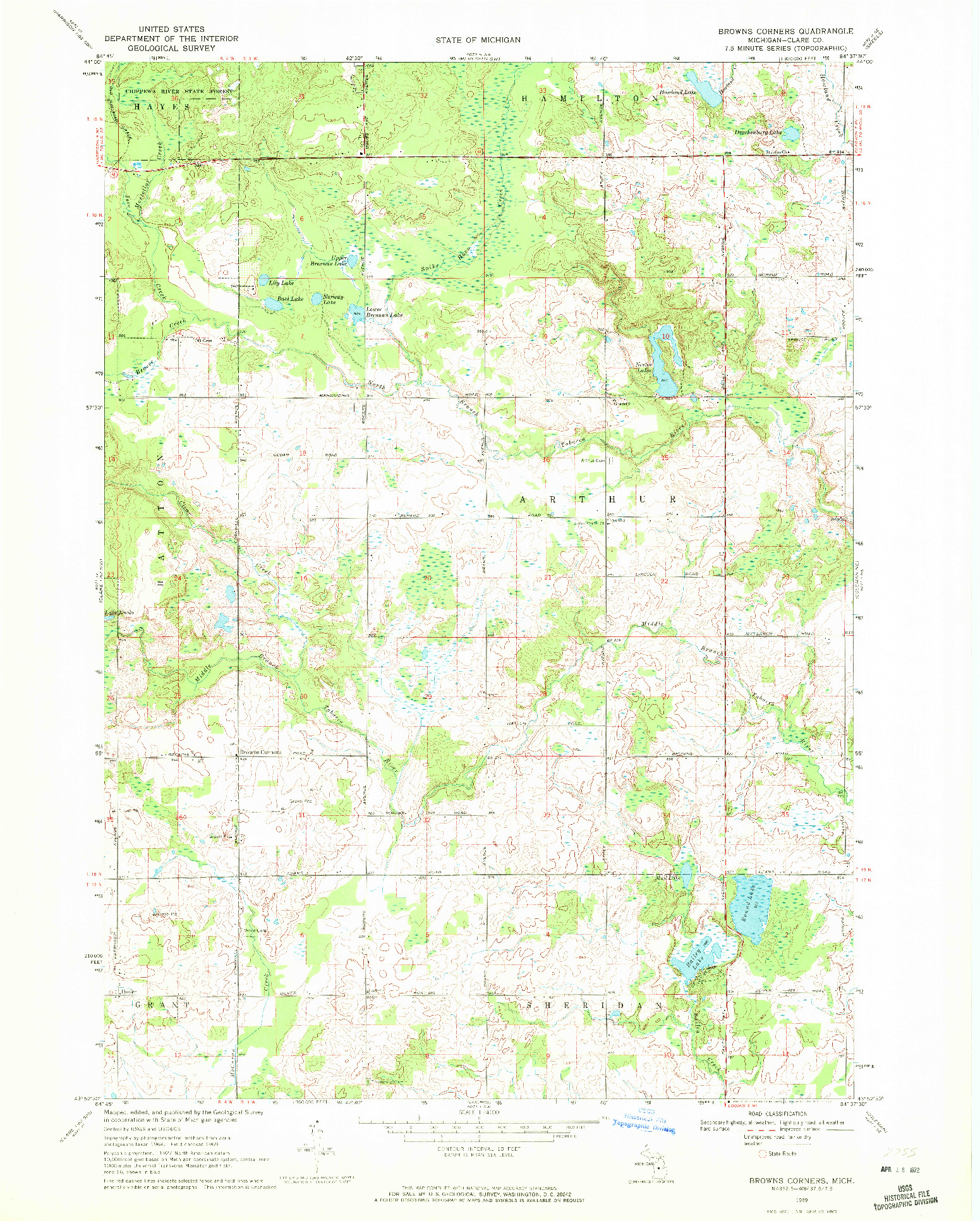 USGS 1:24000-SCALE QUADRANGLE FOR BROWNS CORNERS, MI 1969