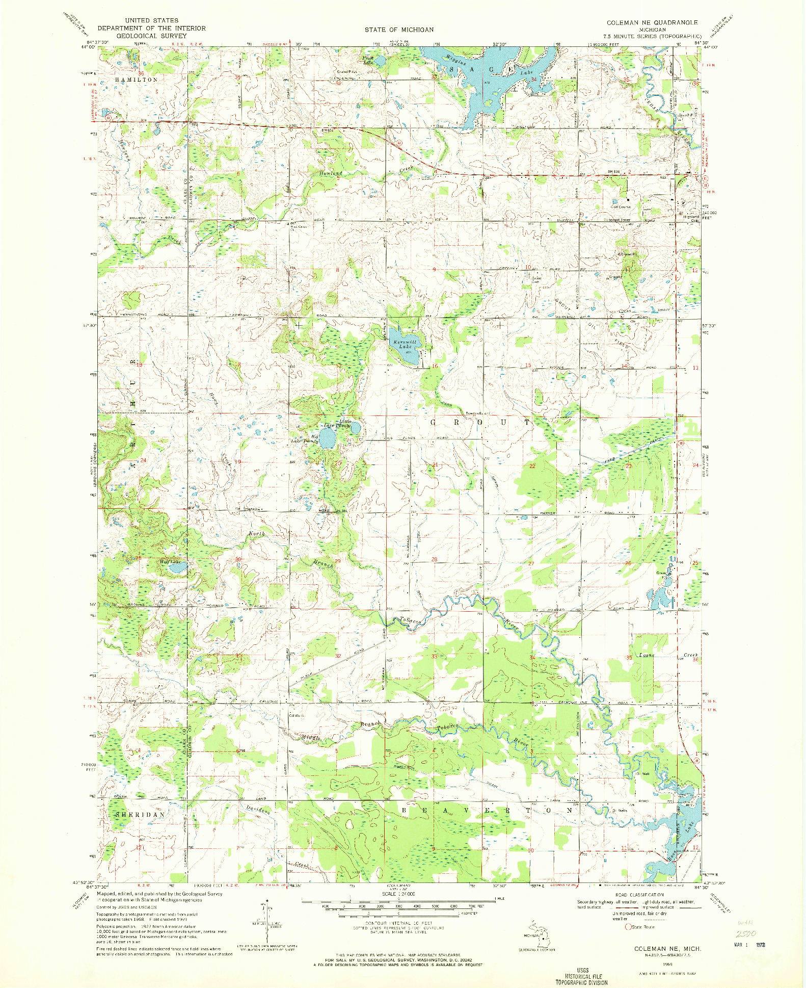 USGS 1:24000-SCALE QUADRANGLE FOR COLEMAN NE, MI 1969