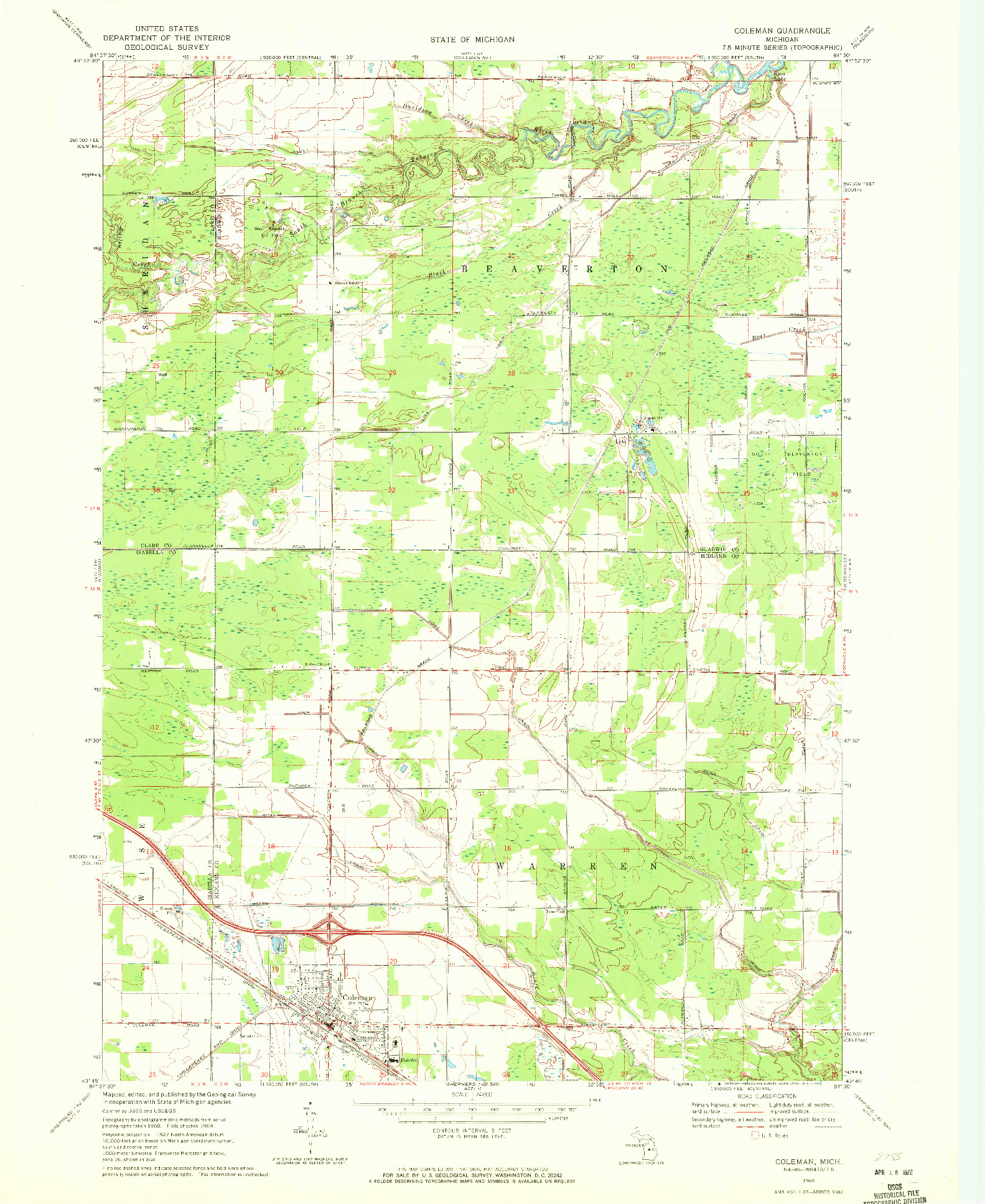 USGS 1:24000-SCALE QUADRANGLE FOR COLEMAN, MI 1969
