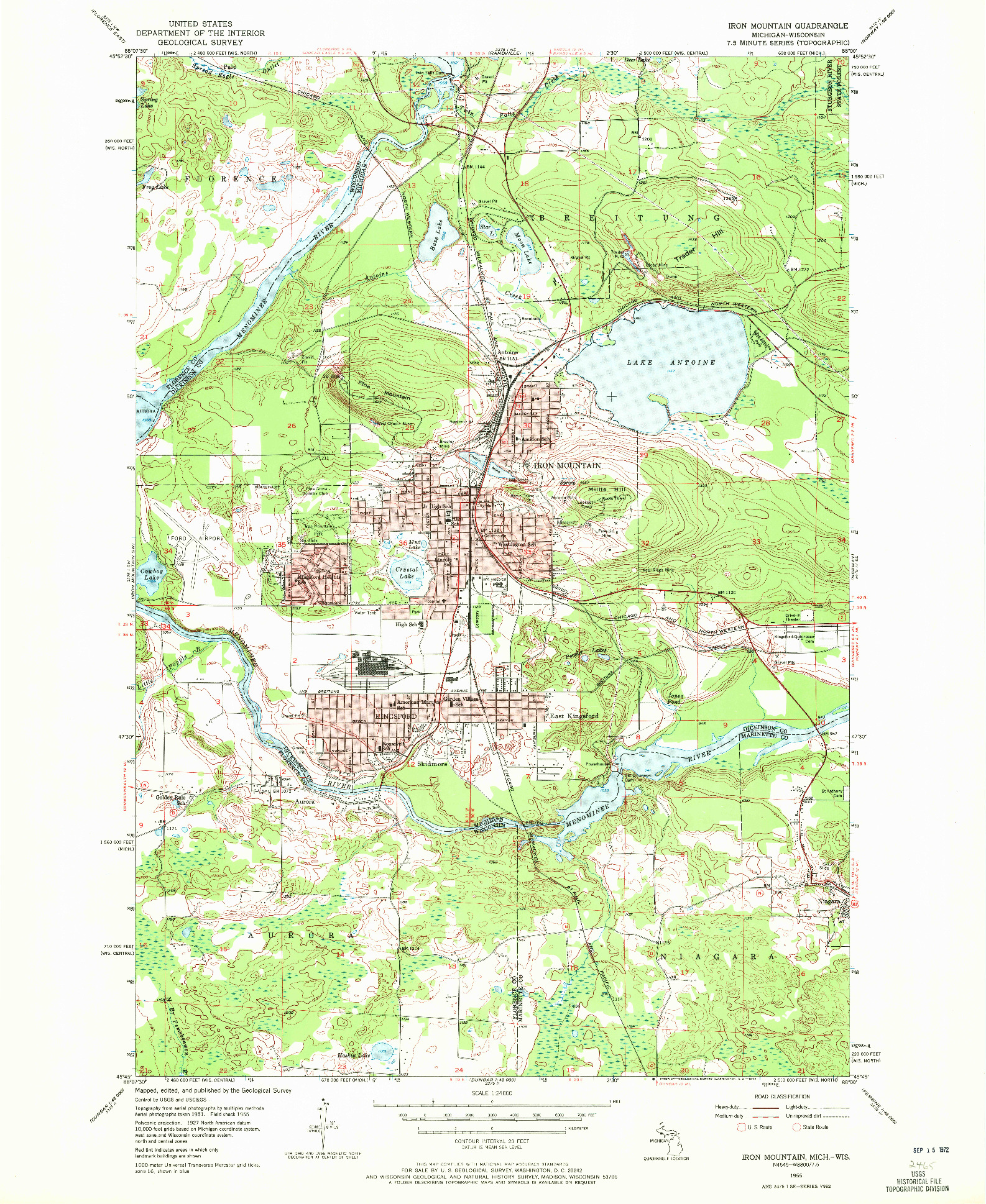 USGS 1:24000-SCALE QUADRANGLE FOR IRON MOUNTAIN, MI 1955
