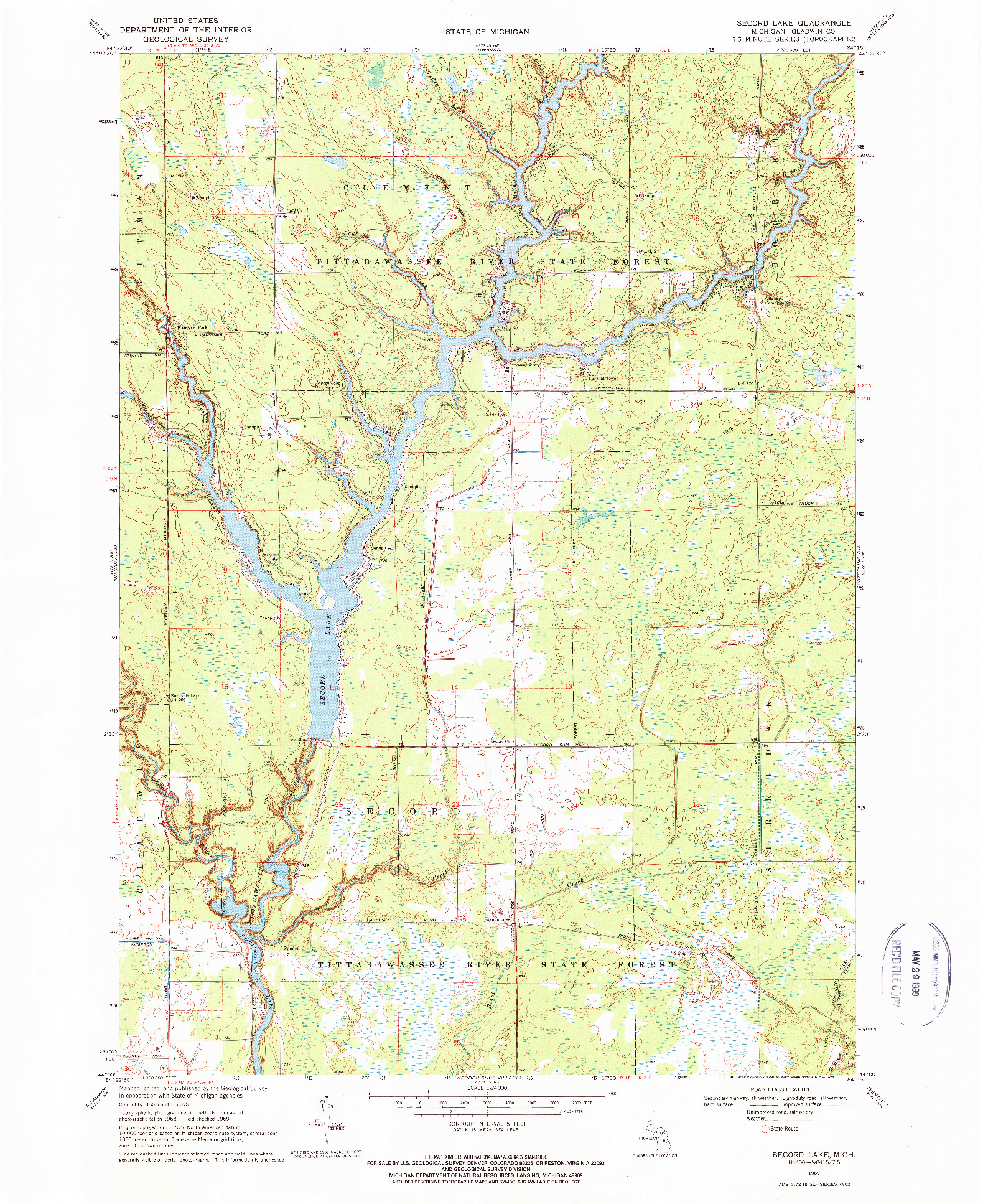 USGS 1:24000-SCALE QUADRANGLE FOR SECORD LAKE, MI 1969