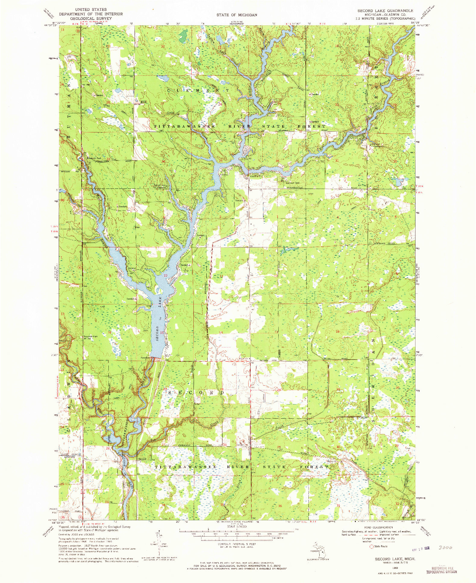 USGS 1:24000-SCALE QUADRANGLE FOR SECORD LAKE, MI 1969