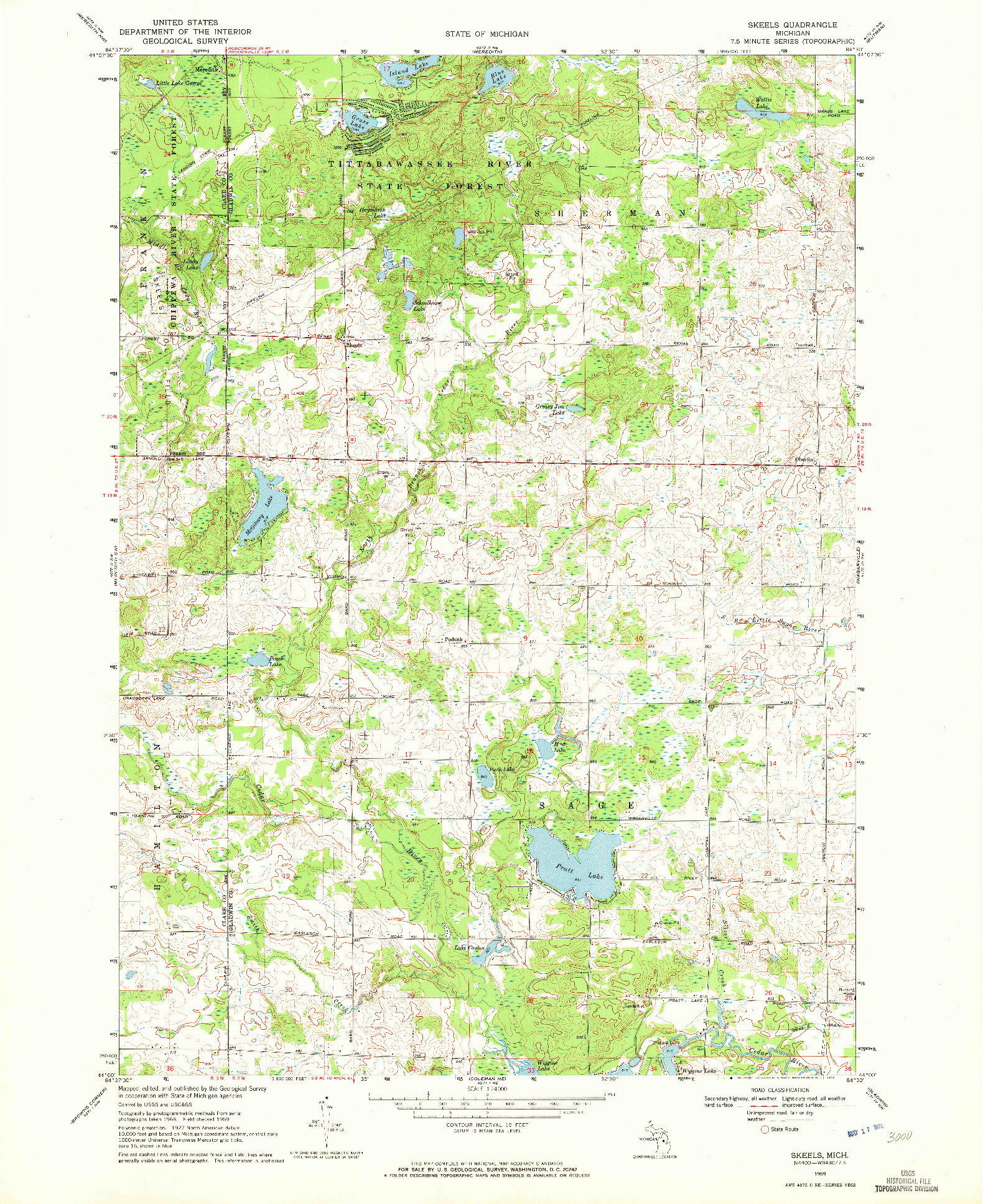 USGS 1:24000-SCALE QUADRANGLE FOR SKEELS, MI 1969