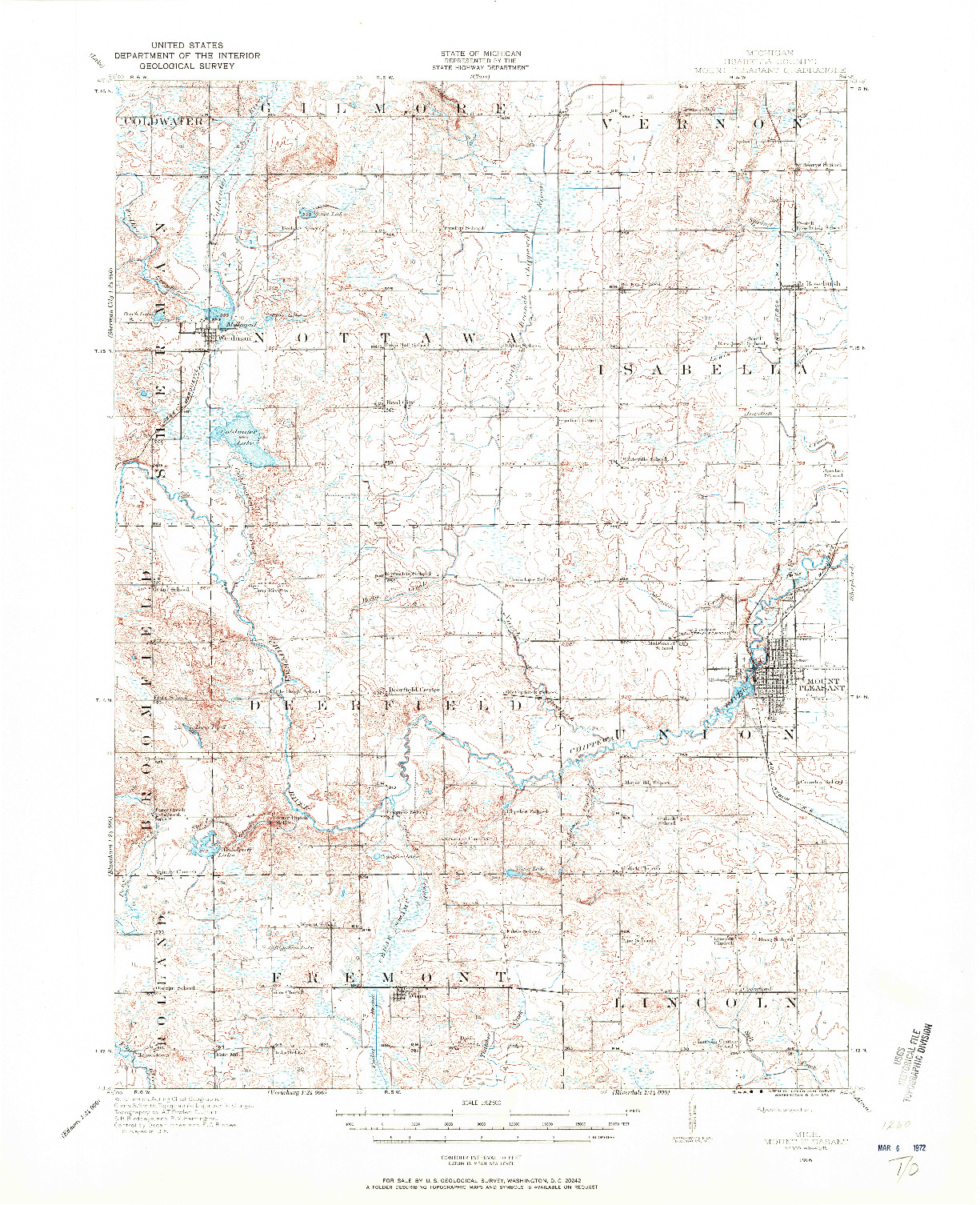 USGS 1:62500-SCALE QUADRANGLE FOR MOUNT PLEASANT, MI 1916