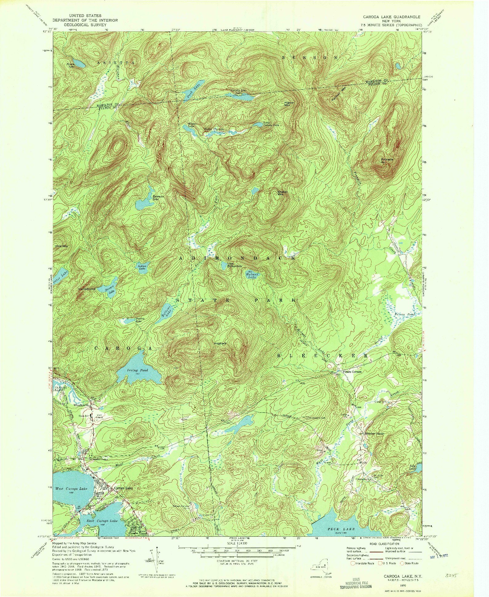 USGS 1:24000-SCALE QUADRANGLE FOR CAROGA LAKE, NY 1970