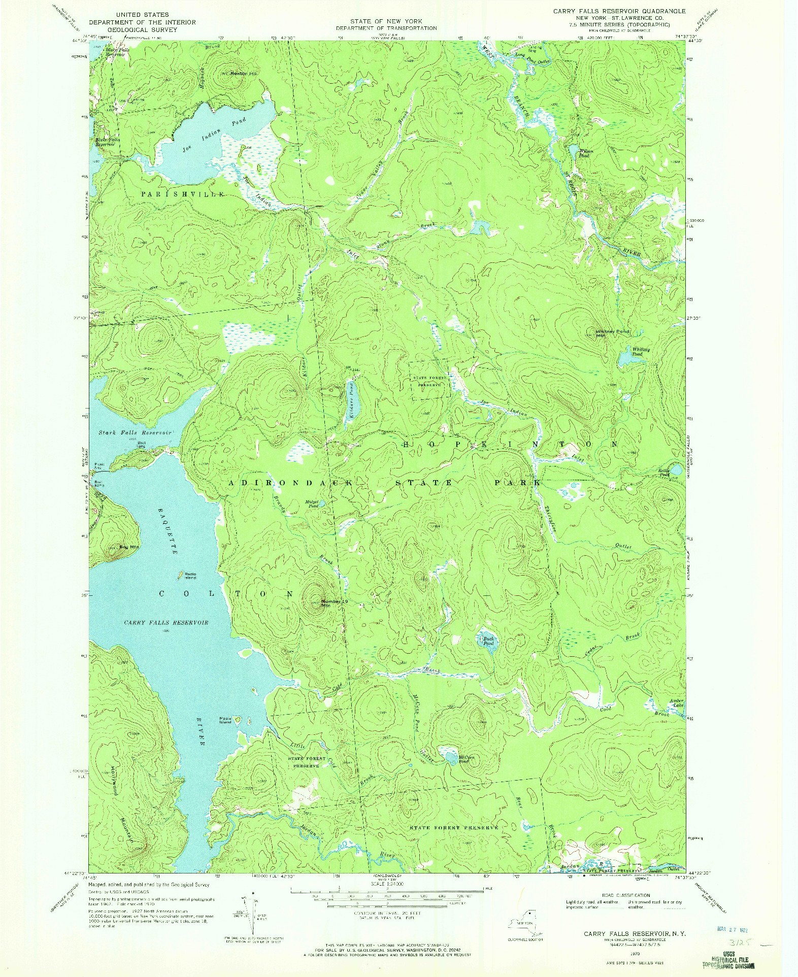 USGS 1:24000-SCALE QUADRANGLE FOR CARRY FALLS RESERVOIR, NY 1970