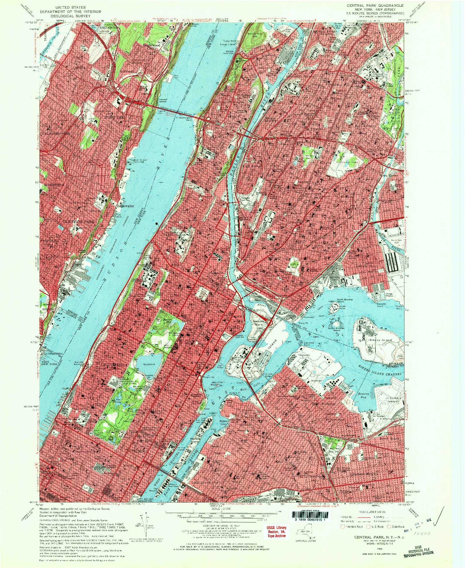 USGS 1:24000-SCALE QUADRANGLE FOR CENTRAL PARK, NY 1966
