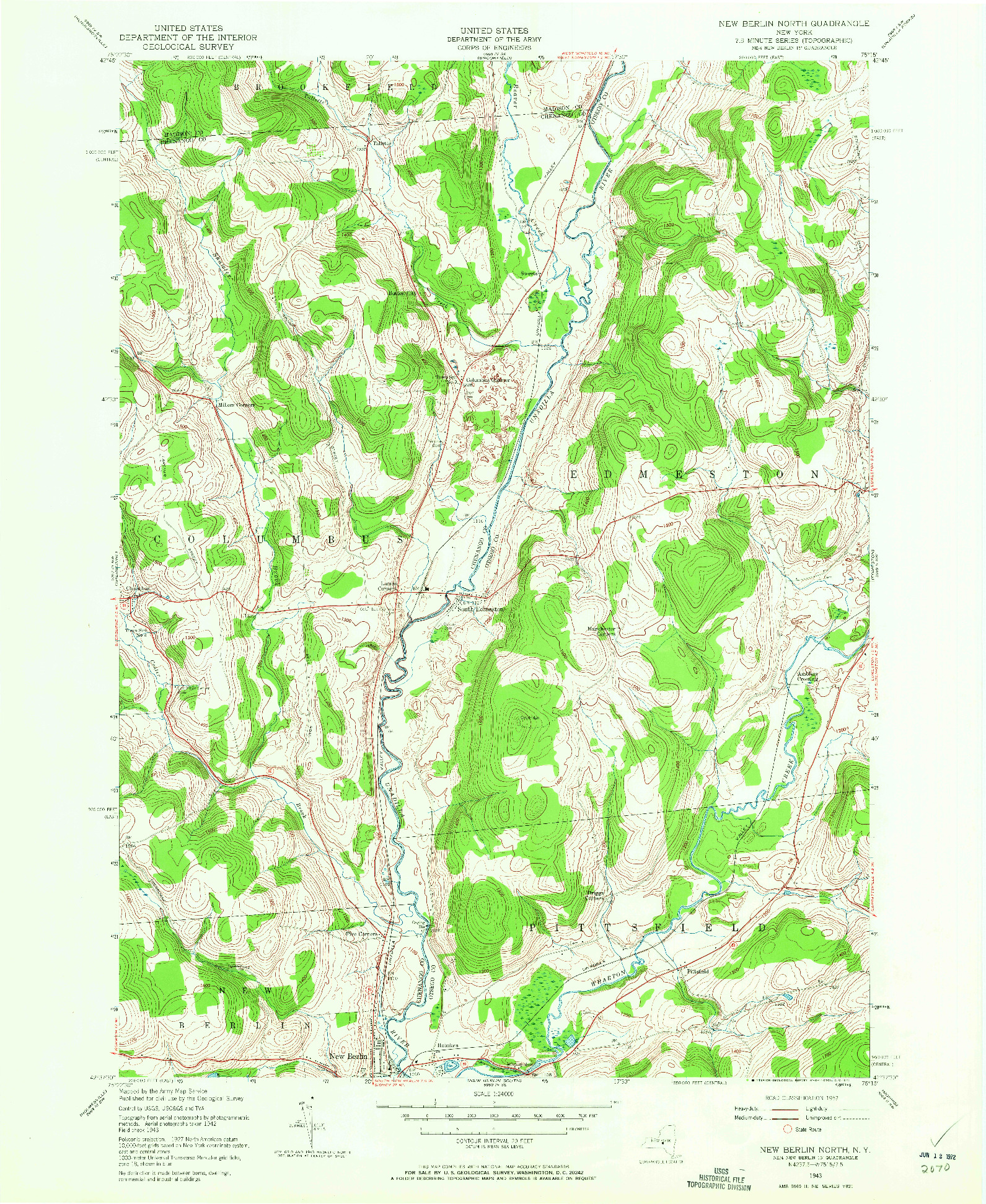 USGS 1:24000-SCALE QUADRANGLE FOR NEW BERLIN NORTH, NY 1943