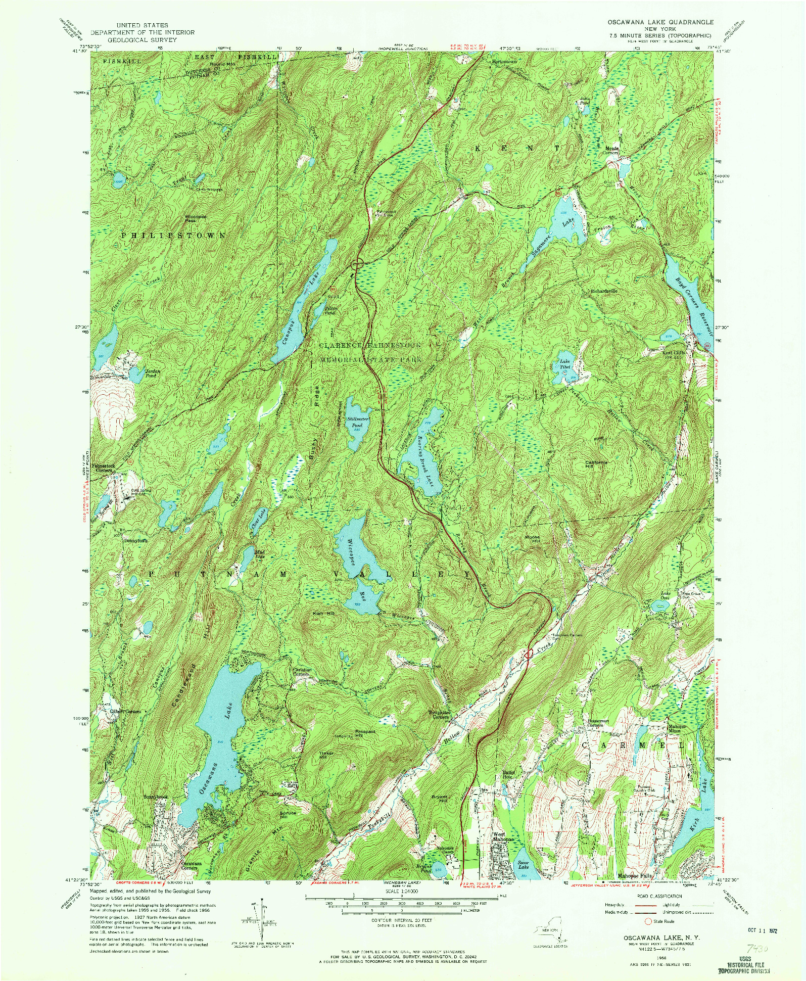USGS 1:24000-SCALE QUADRANGLE FOR OSCAWANA LAKE, NY 1956