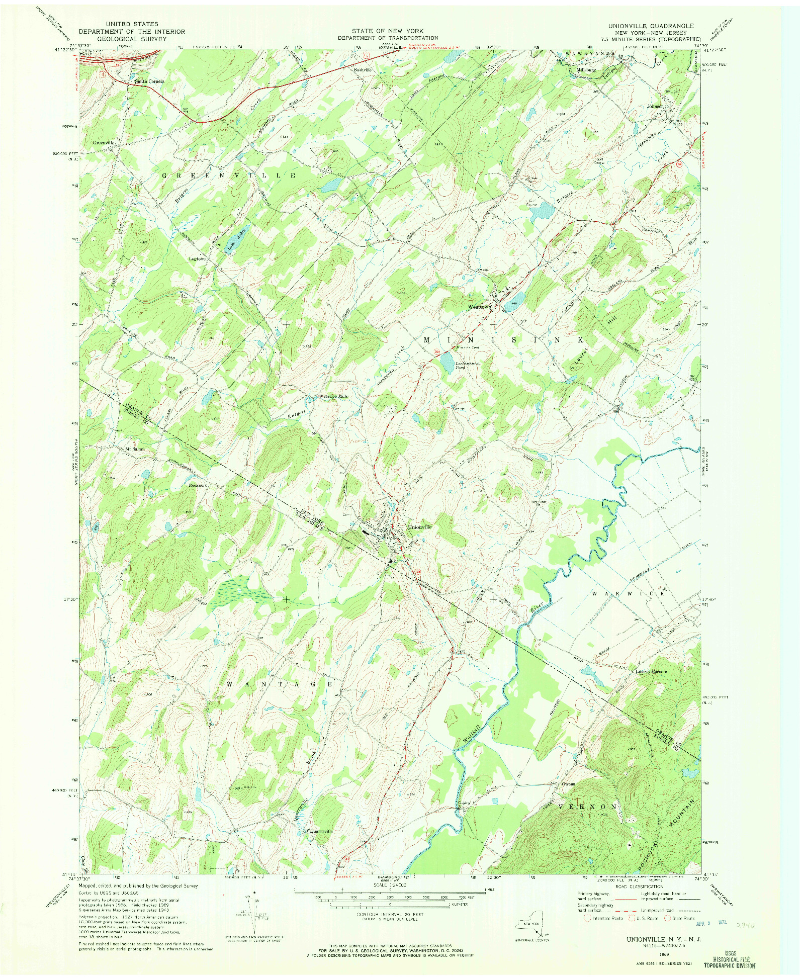 USGS 1:24000-SCALE QUADRANGLE FOR UNIONVILLE, NY 1969