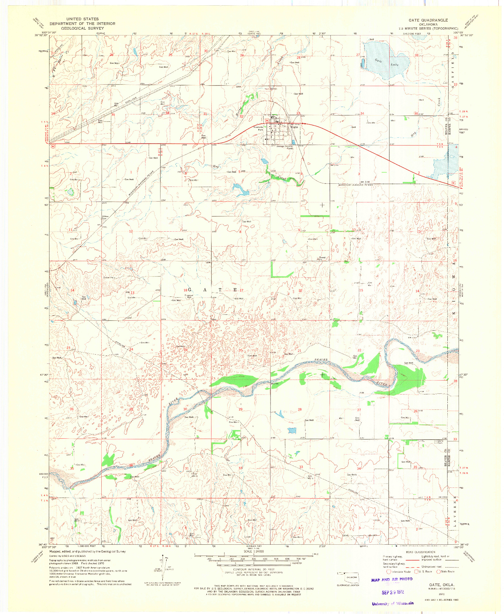 USGS 1:24000-SCALE QUADRANGLE FOR GATE, OK 1970