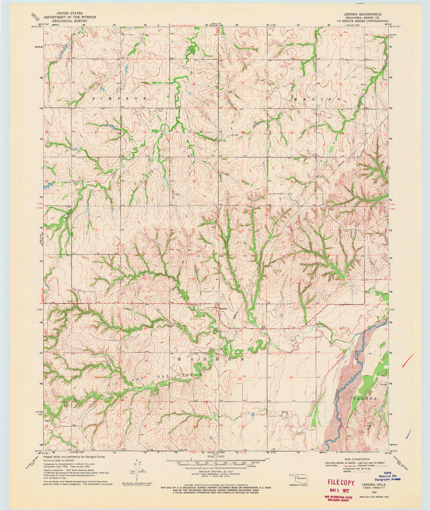 USGS 1:24000-SCALE QUADRANGLE FOR LENORA, OK 1969