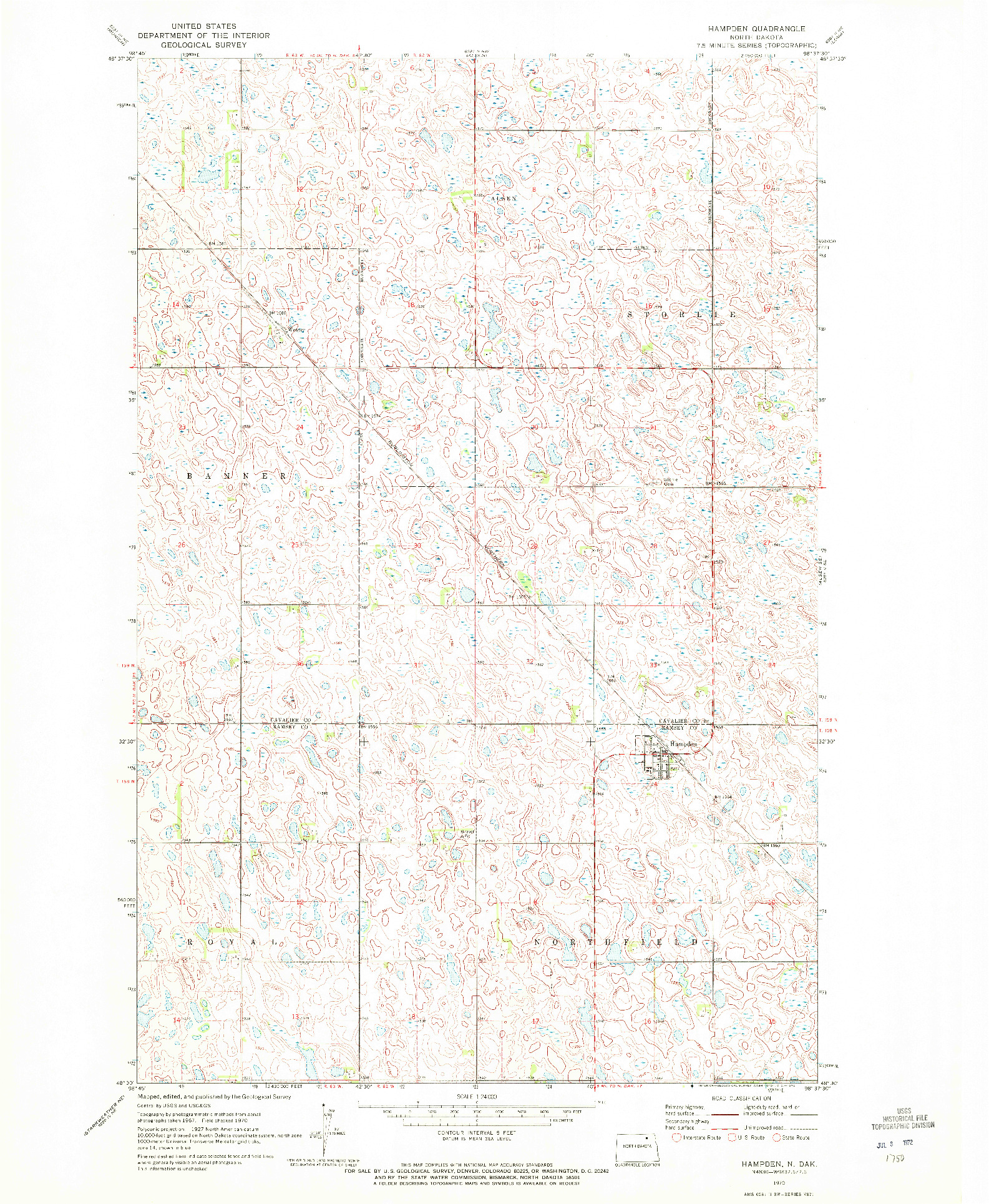 USGS 1:24000-SCALE QUADRANGLE FOR HAMPDEN, ND 1970