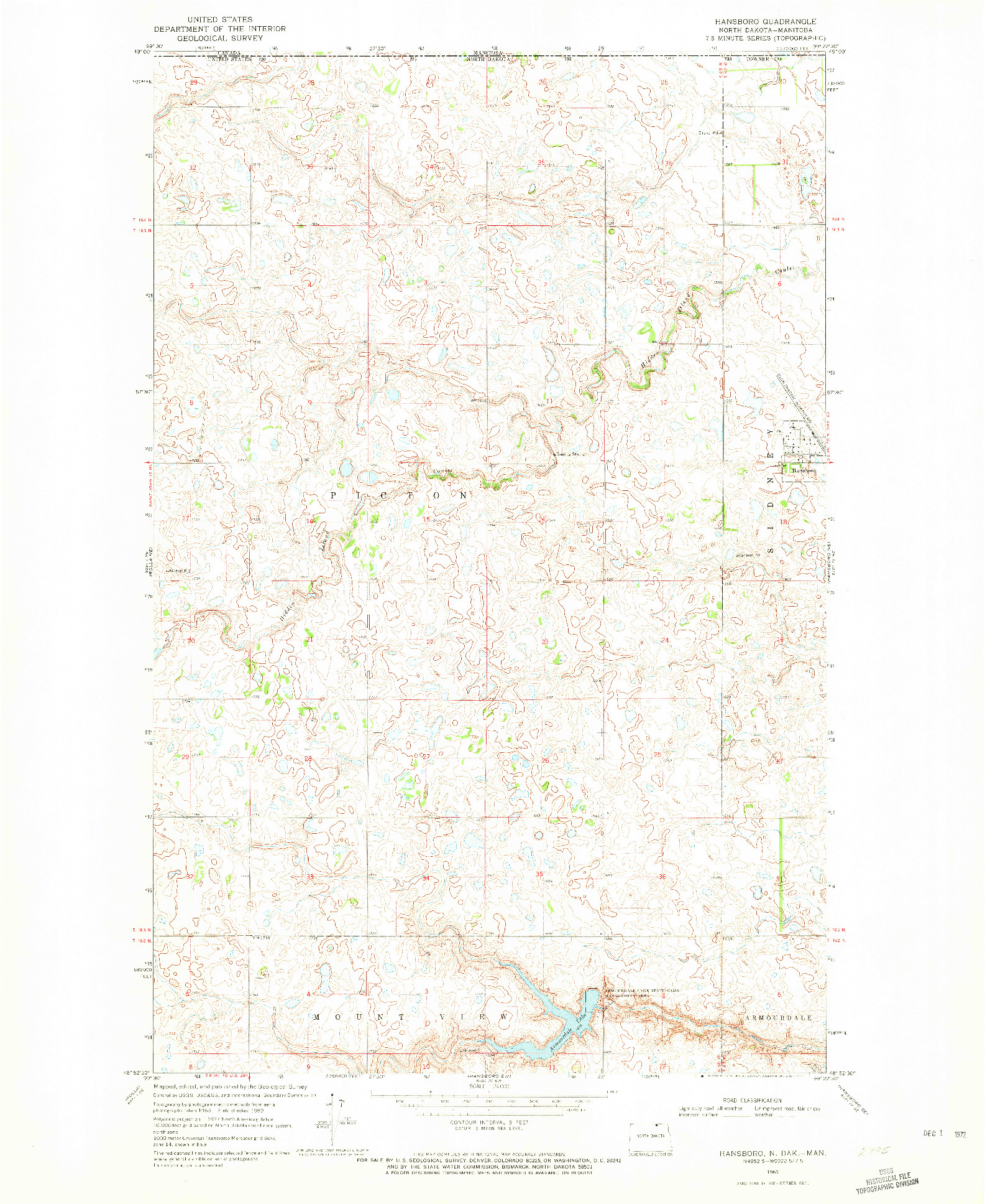 USGS 1:24000-SCALE QUADRANGLE FOR HANSBORO, ND 1969