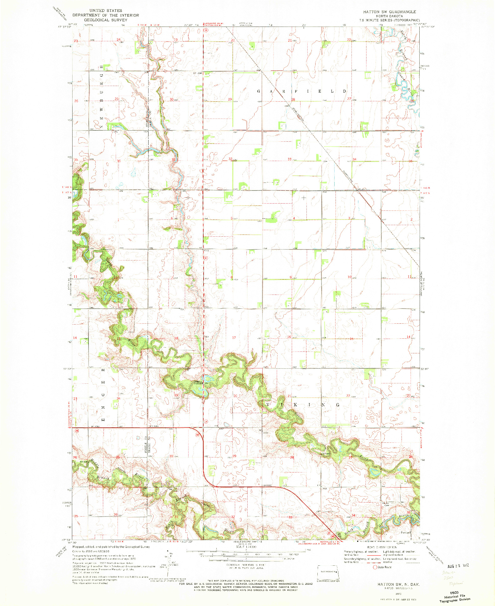 USGS 1:24000-SCALE QUADRANGLE FOR HATTON SW, ND 1970