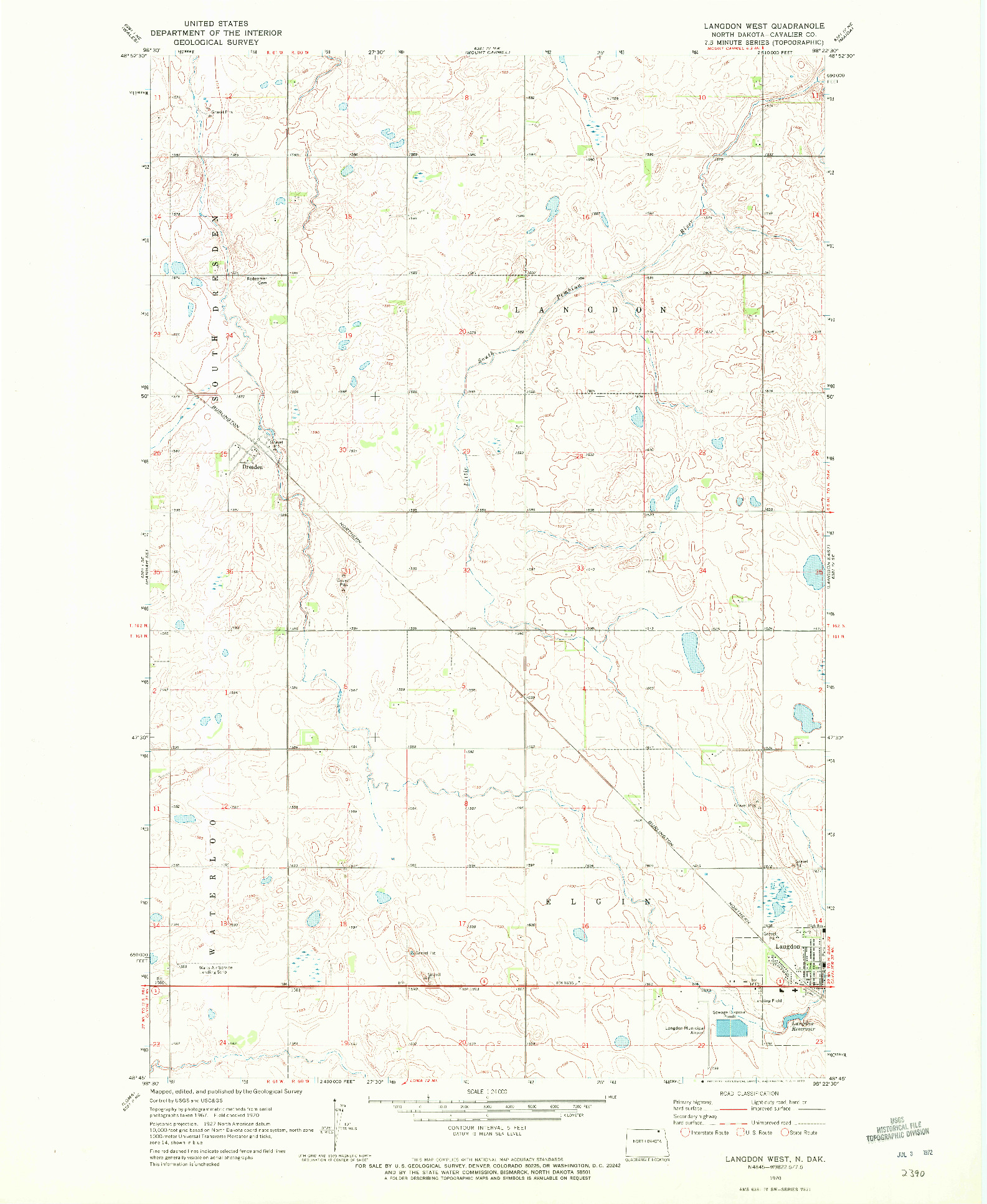 USGS 1:24000-SCALE QUADRANGLE FOR LANGDON WEST, ND 1970