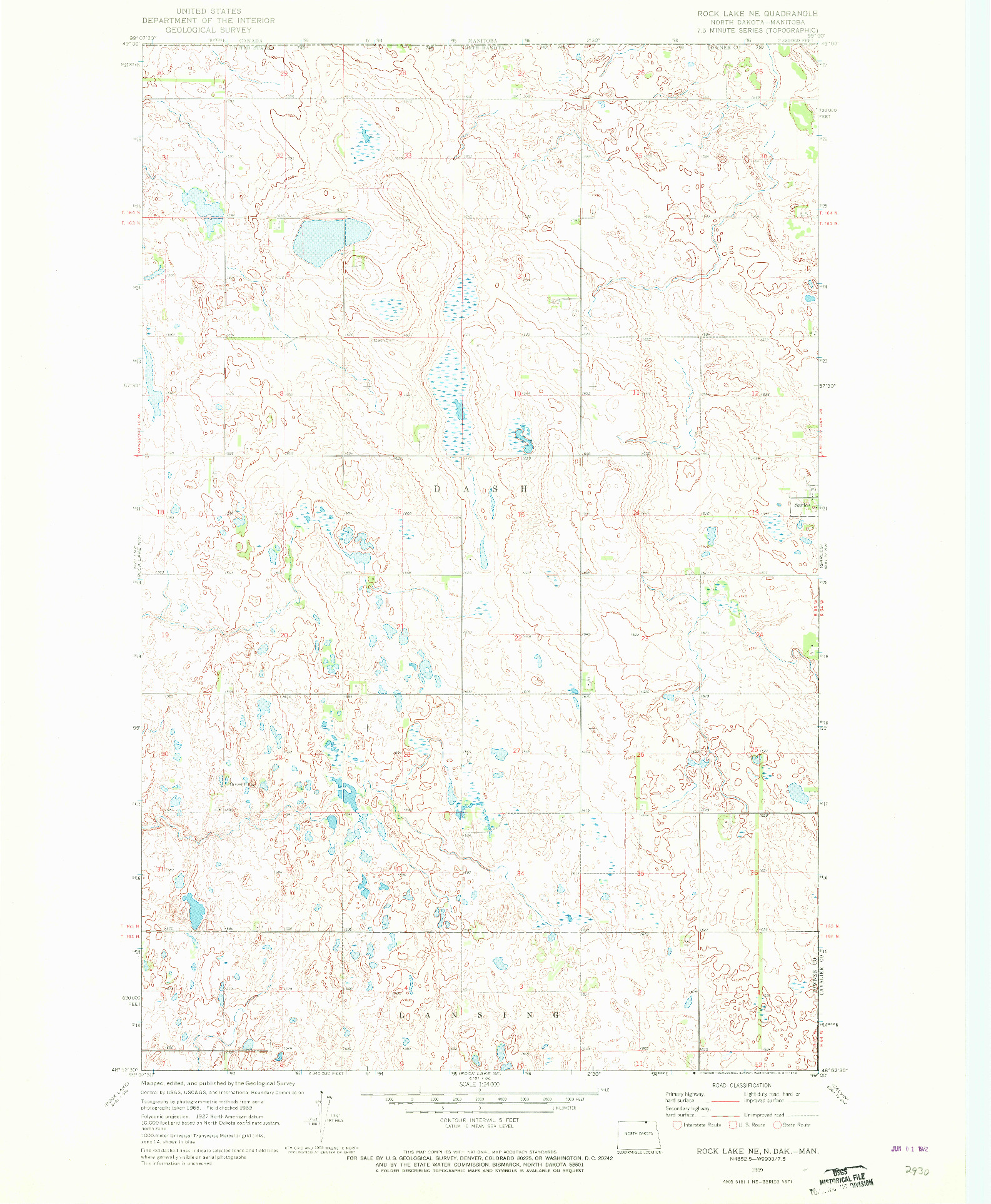 USGS 1:24000-SCALE QUADRANGLE FOR ROCK LAKE NE, ND 1969