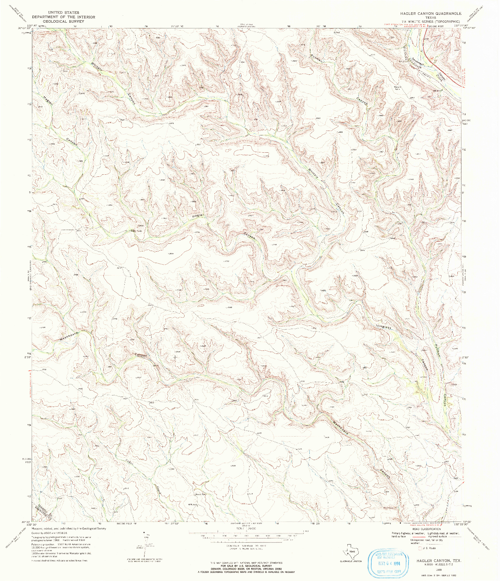 USGS 1:24000-SCALE QUADRANGLE FOR HAGLER CANYON, TX 1969