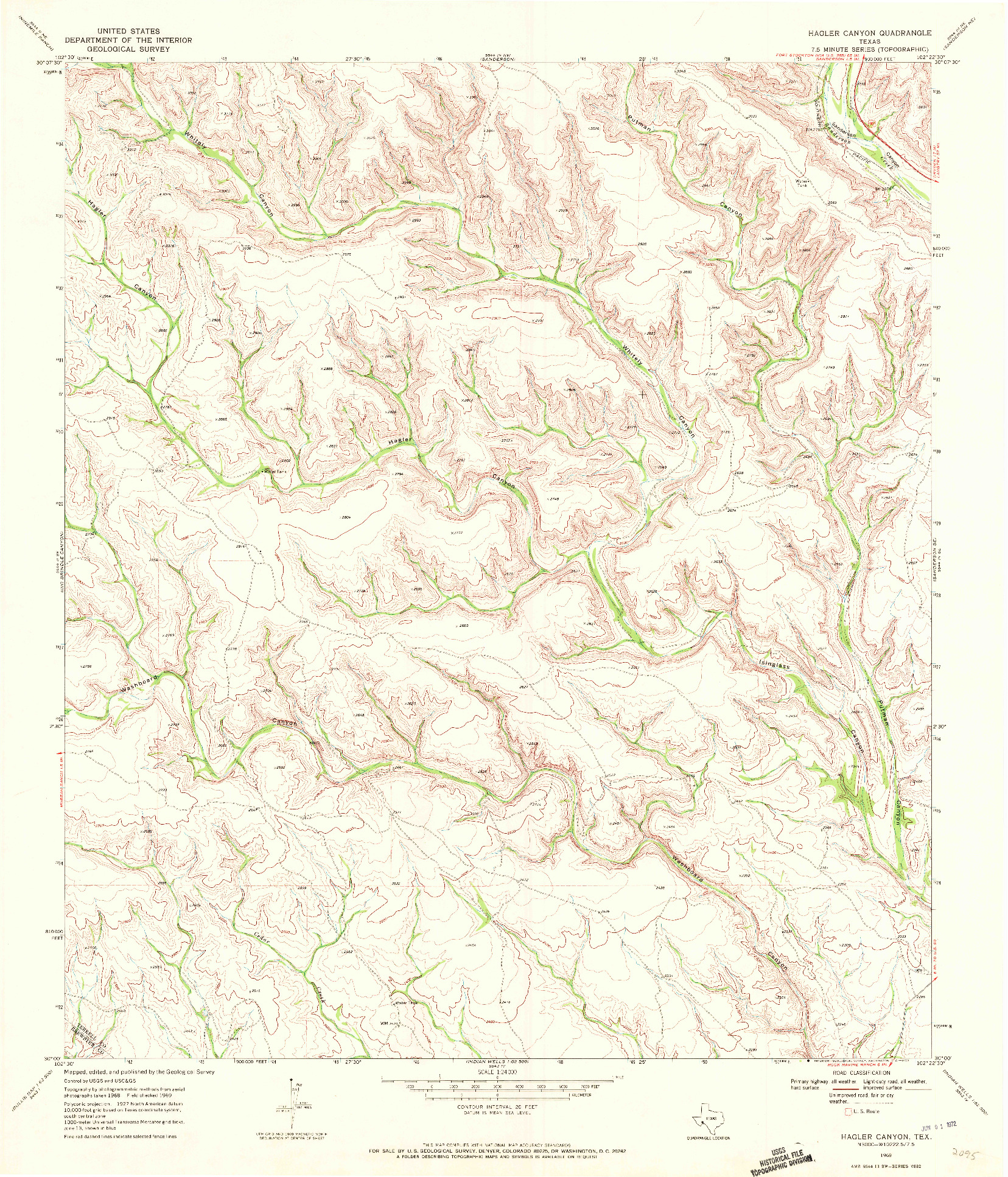 USGS 1:24000-SCALE QUADRANGLE FOR HAGLER CANYON, TX 1969