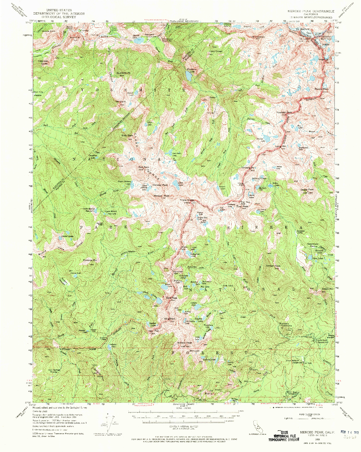 USGS 1:62500-SCALE QUADRANGLE FOR MERCED PEAK, CA 1953