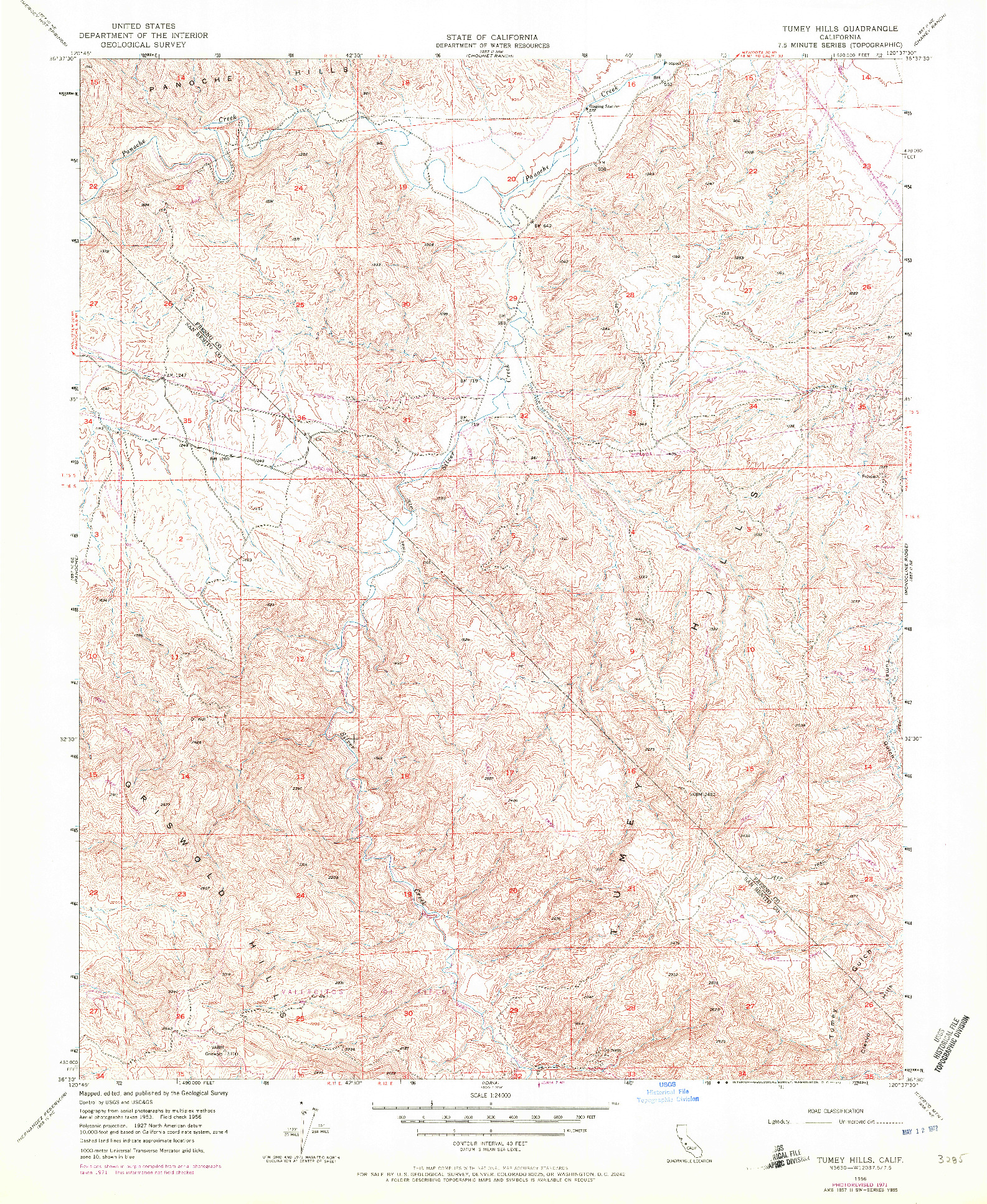 USGS 1:24000-SCALE QUADRANGLE FOR TUMEY HILLS, CA 1956