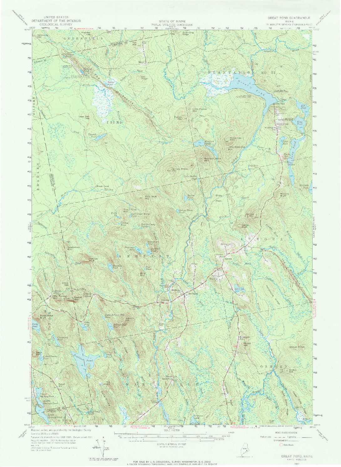 USGS 1:62500-SCALE QUADRANGLE FOR GREAT POND, ME 1957