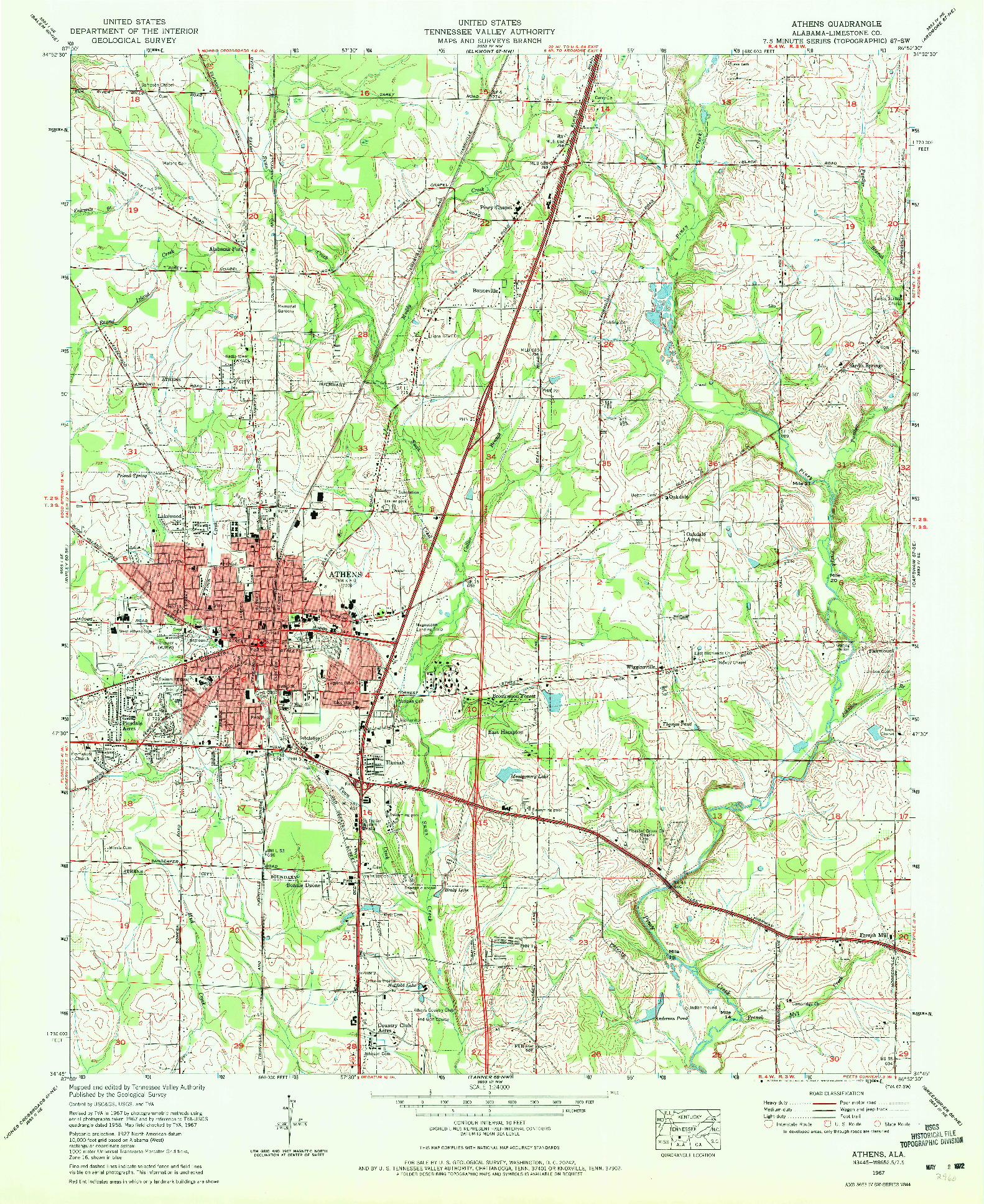 USGS 1:24000-SCALE QUADRANGLE FOR ATHENS, AL 1967