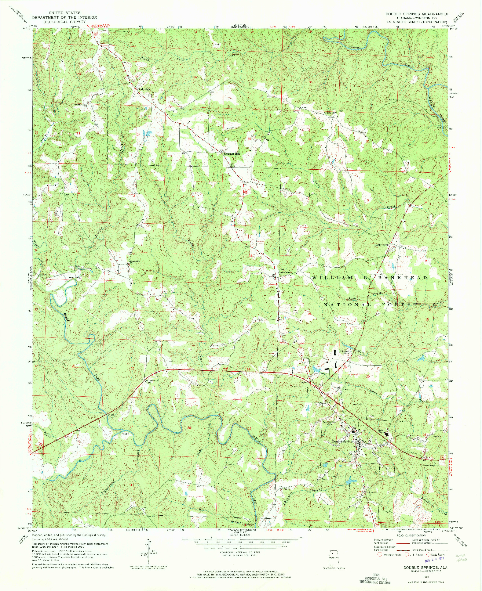 USGS 1:24000-SCALE QUADRANGLE FOR DOUBLE SPRINGS, AL 1969