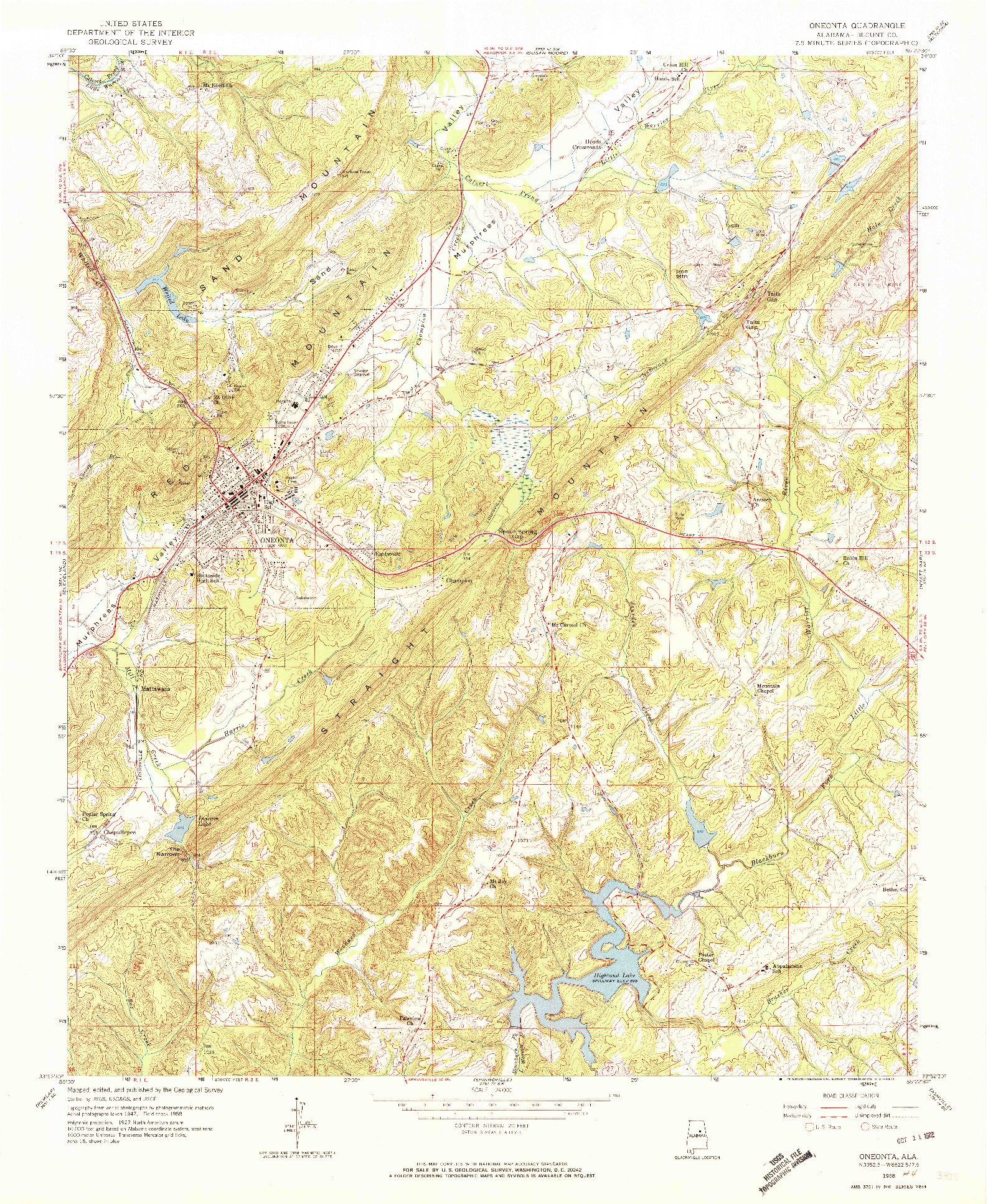 USGS 1:24000-SCALE QUADRANGLE FOR ONEONTA, AL 1958