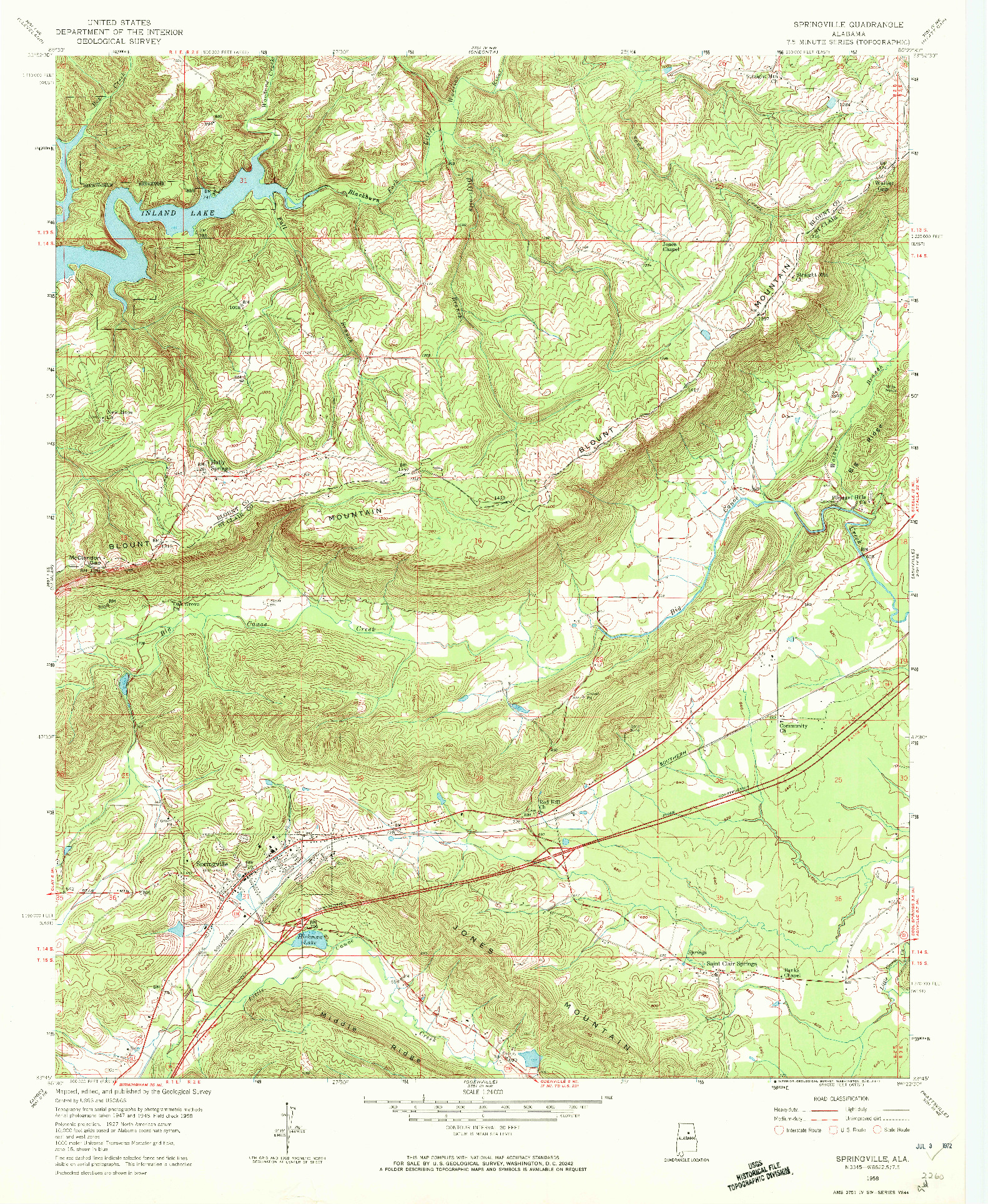 USGS 1:24000-SCALE QUADRANGLE FOR SPRINGVILLE, AL 1958